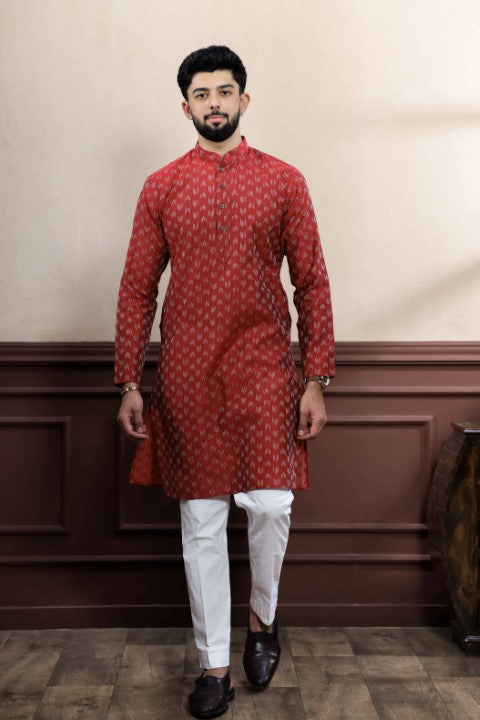 Maroon Blended Cotton Wevon Dobby Kurta Pajama