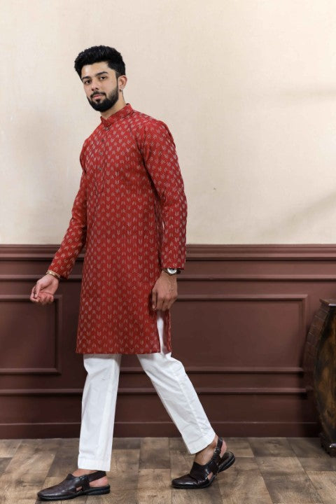 Maroon Blended Cotton Wevon Dobby Kurta Pajama