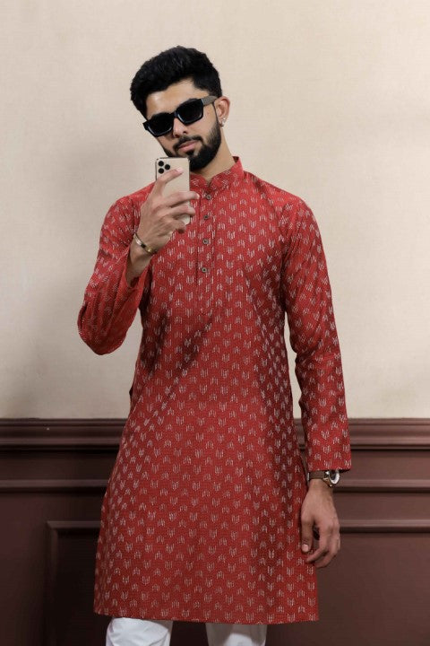 Maroon Blended Cotton Wevon Dobby Kurta Pajama