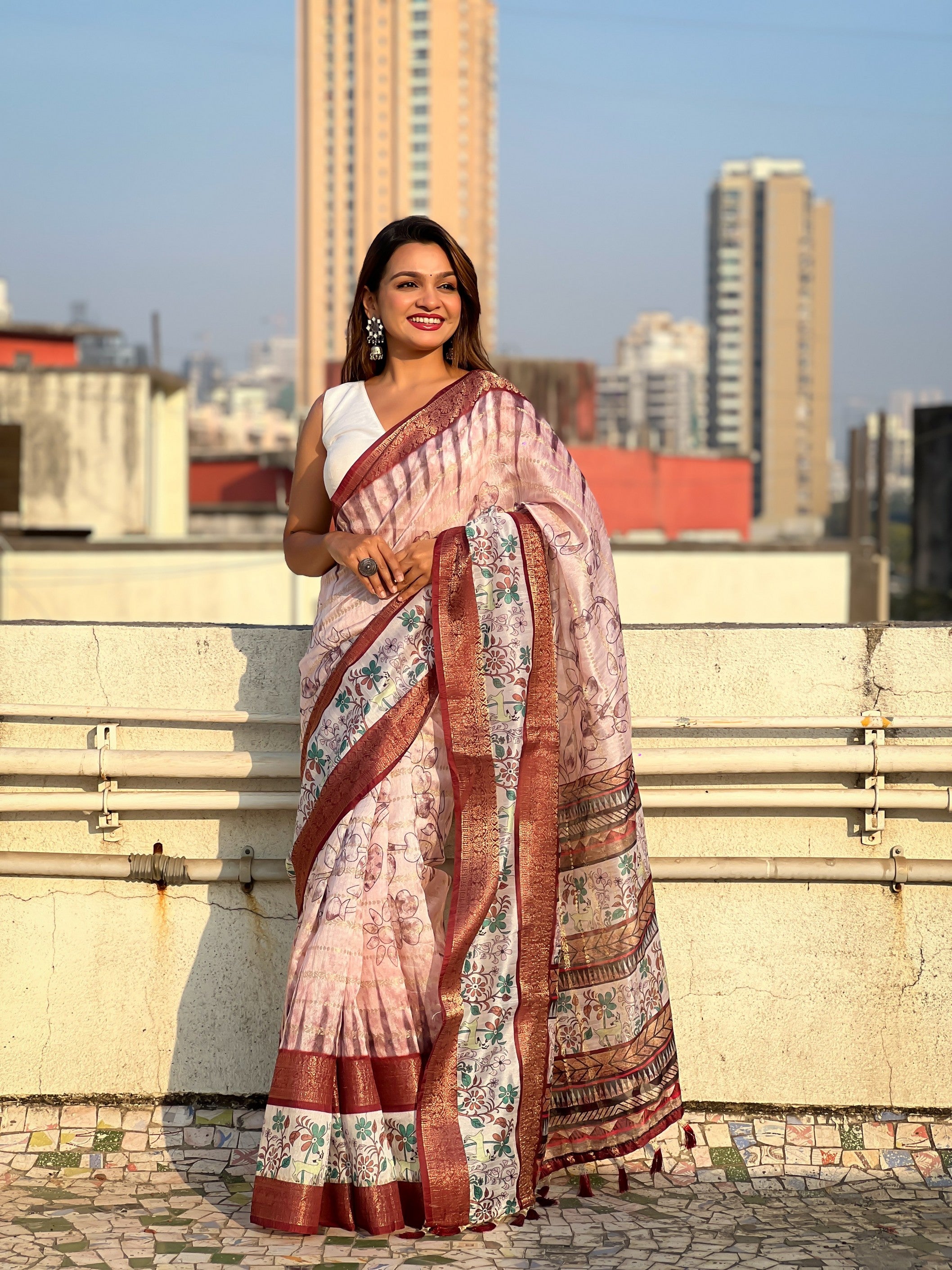 Maroon Chanderi Crush Printed With Woven Jari Designer Elegant Sophisticated Saree