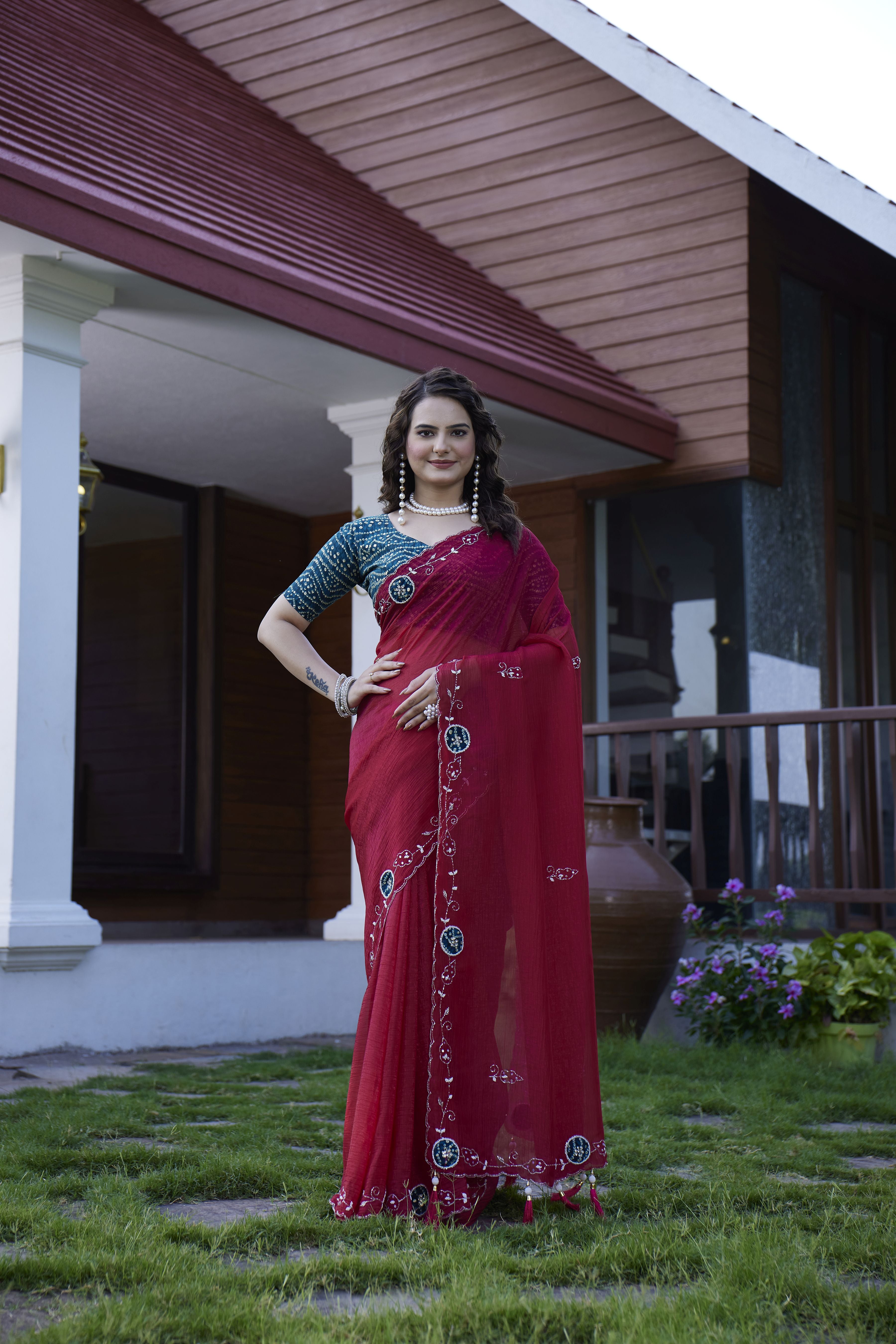 Maroon Chiffon Beautiful Heavy Traditonal Rich Festive Saree