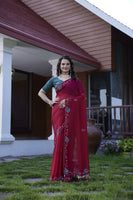 Maroon Chiffon Beautiful Heavy Traditonal Rich Festive Saree