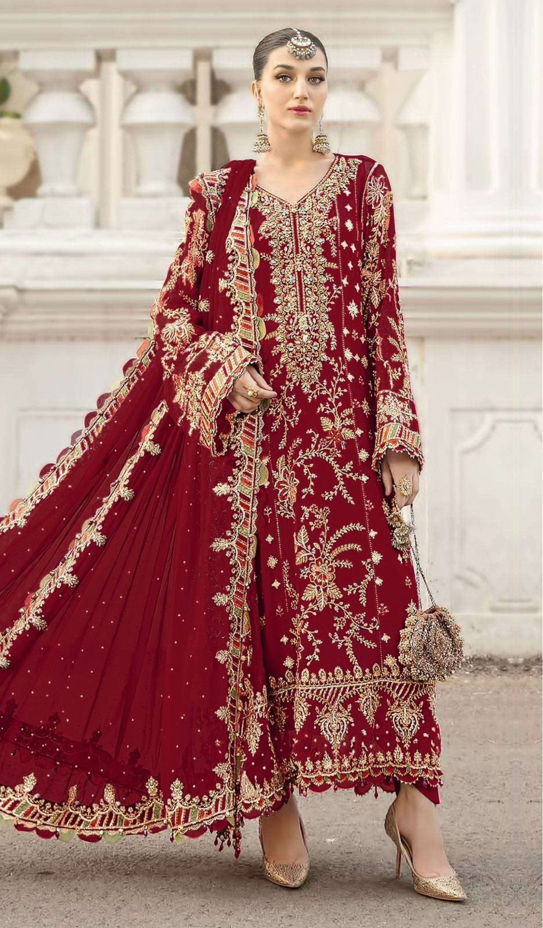 Maroon Chiffon Designer Suit Set With Delicate Embroidery