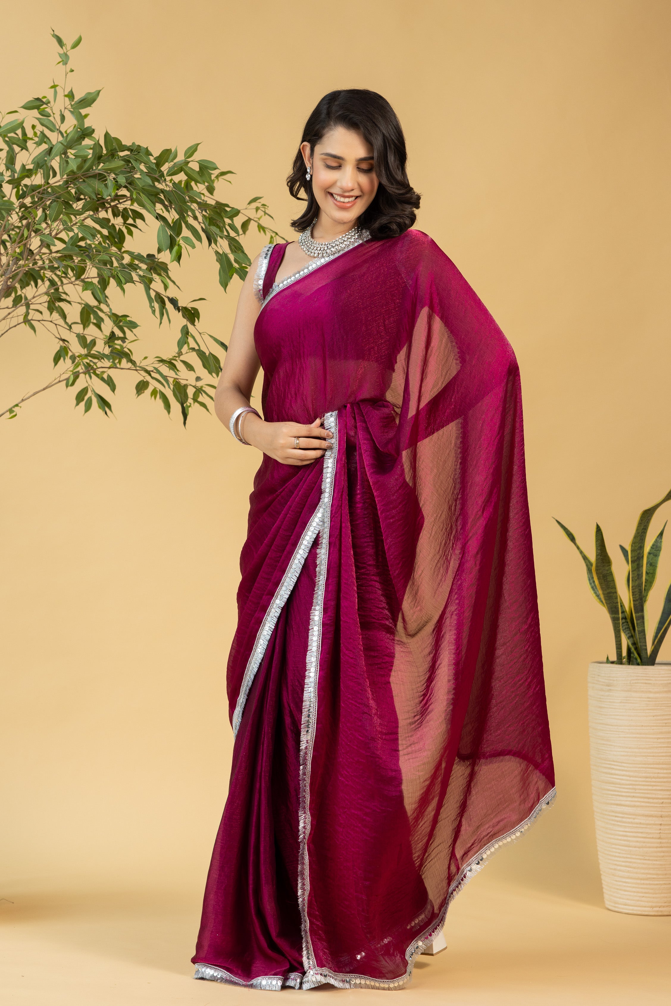 Maroon Chiffon Ready To Wear Saree For Graceful Bollywood Style Saree