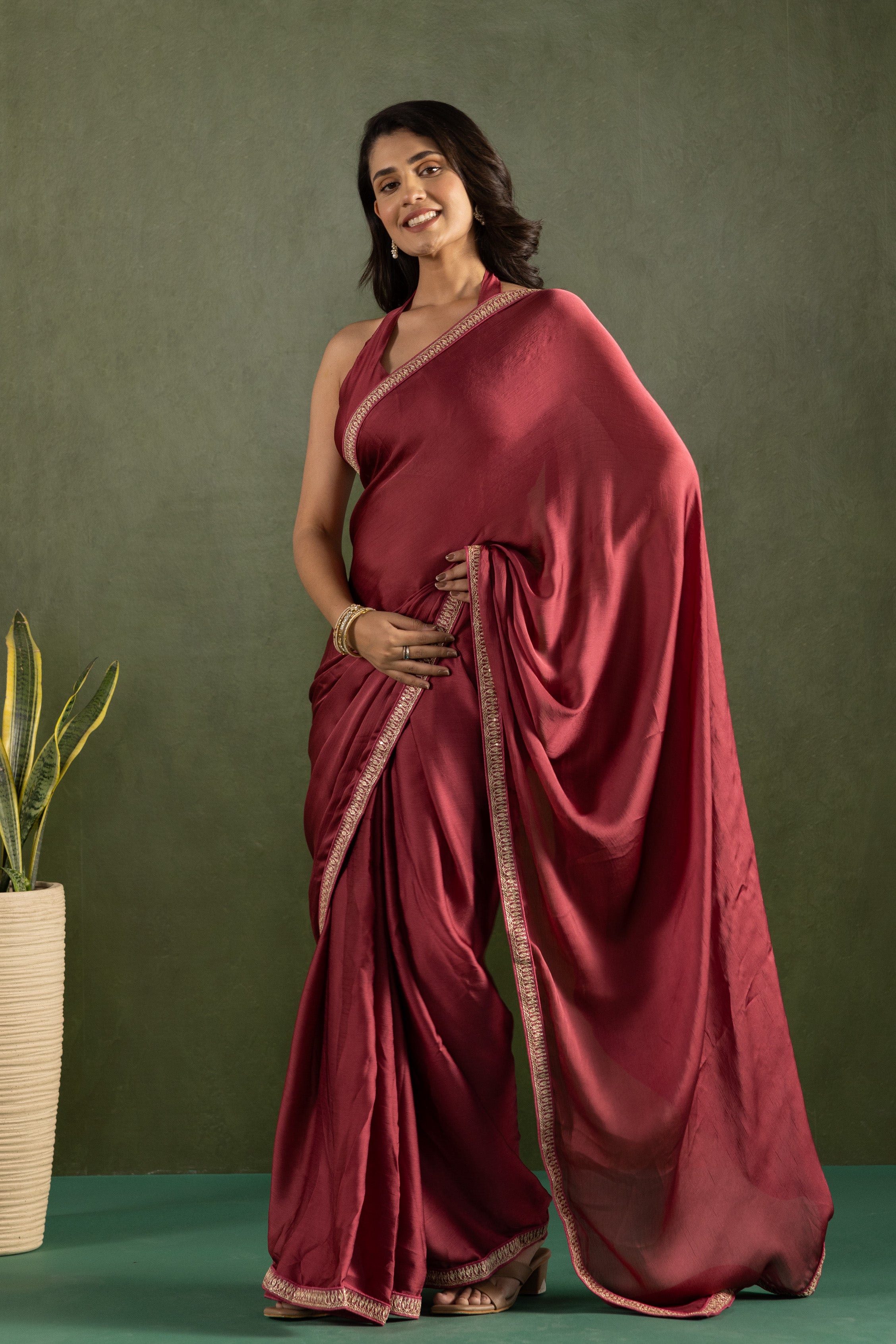 Maroon Chiffon Ready To Wear Saree For Graceful Bollywood Style Saree