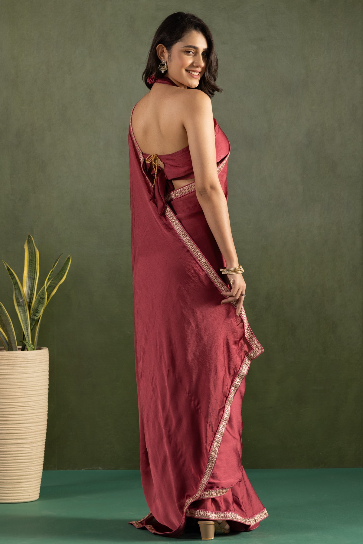 Maroon Chiffon Ready To Wear Saree For Graceful Bollywood Style Saree