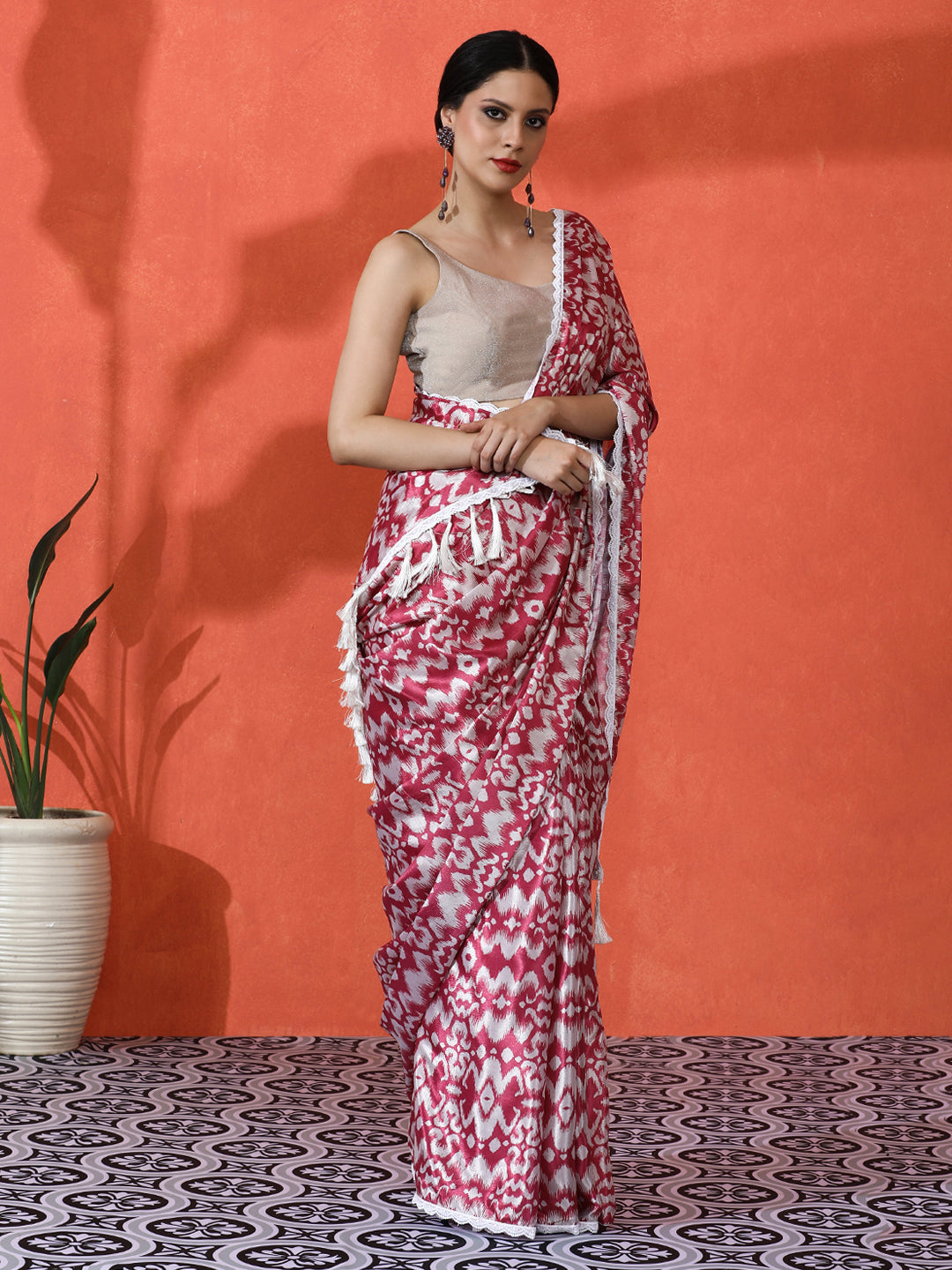 Maroon Chinon Designer Digital Printed Saree For Ceremonial Looks