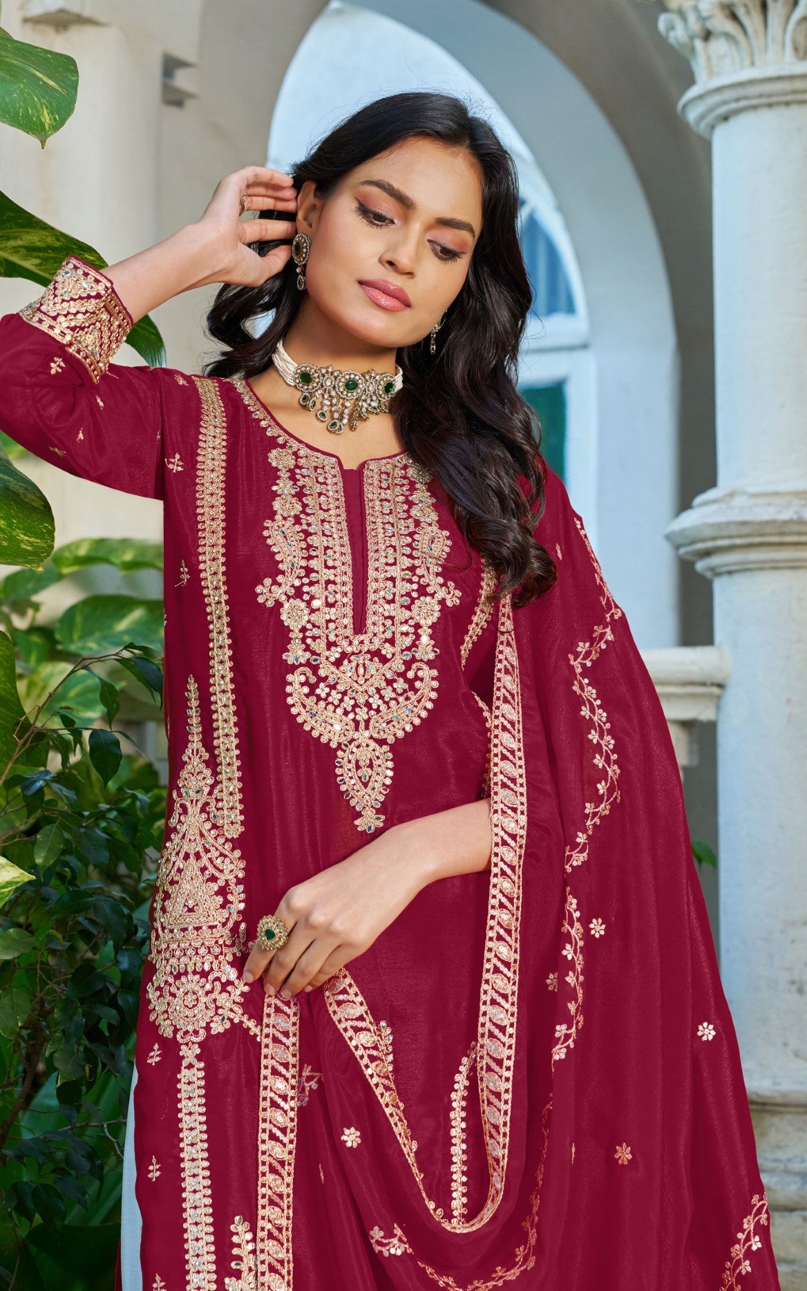 Maroon Chinon Designer Suit Set With Elegant Embroidery