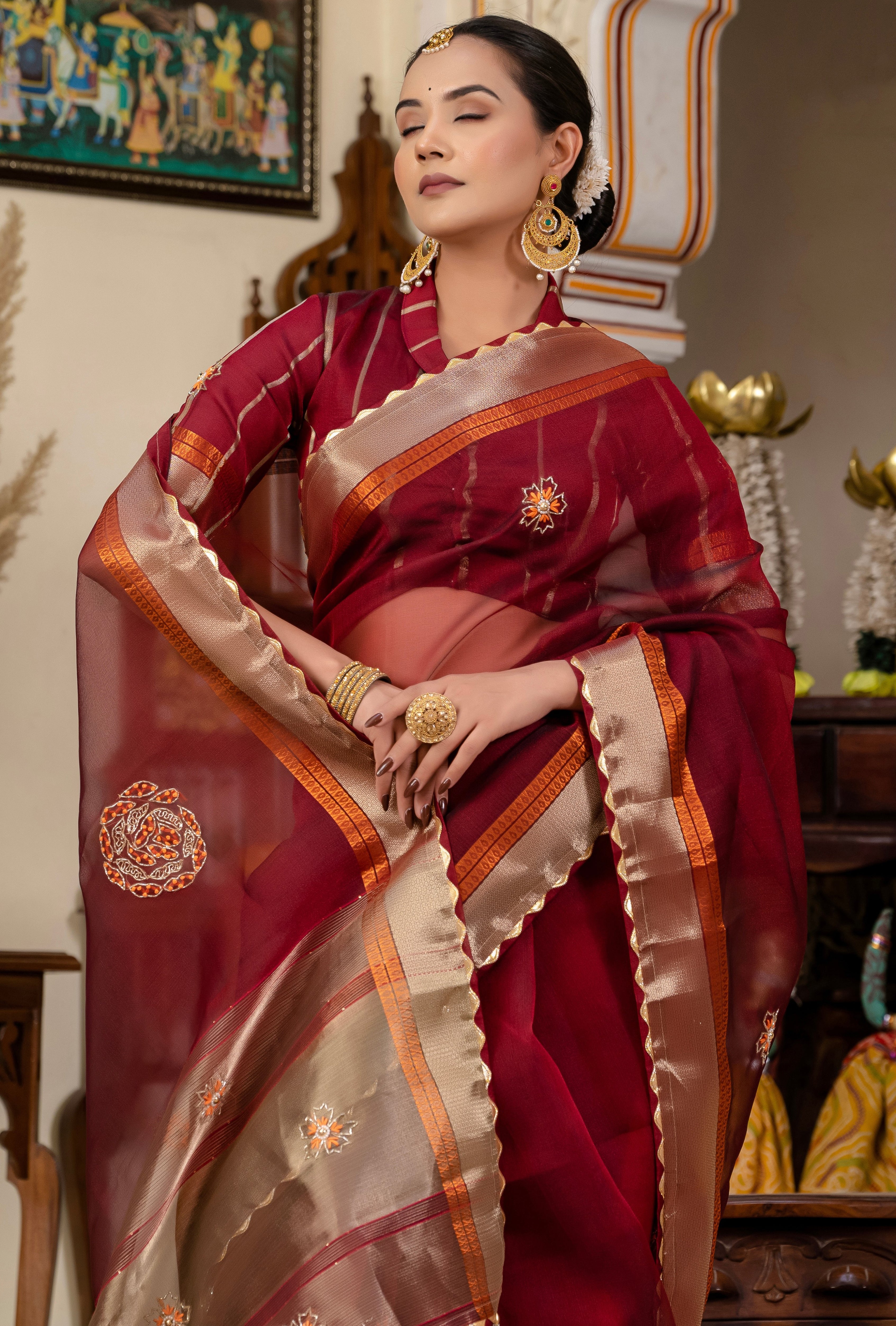 Maroon Color Kota Linen Saree With  Handwork Butta