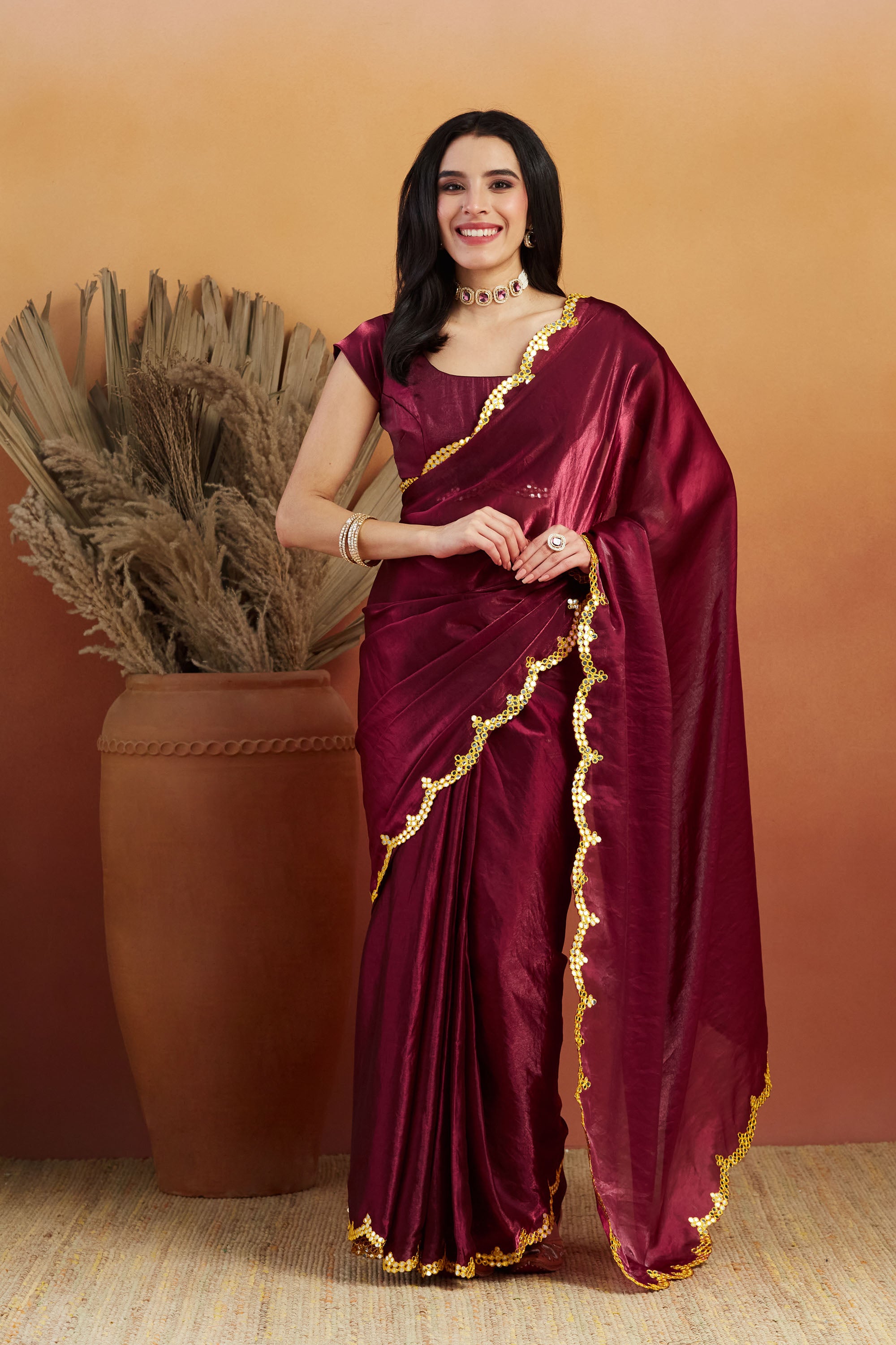 Maroon Designer Embroidery Work Ready To Wear Saree