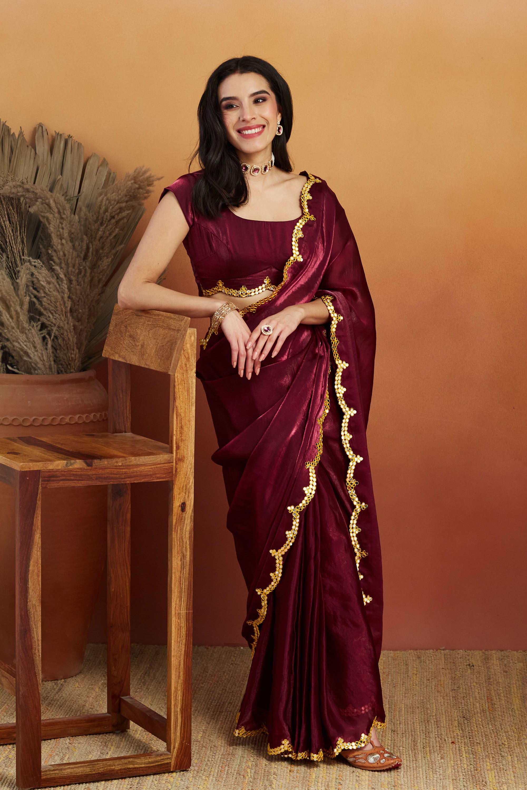 Maroon Designer Embroidery Work Ready To Wear Saree
