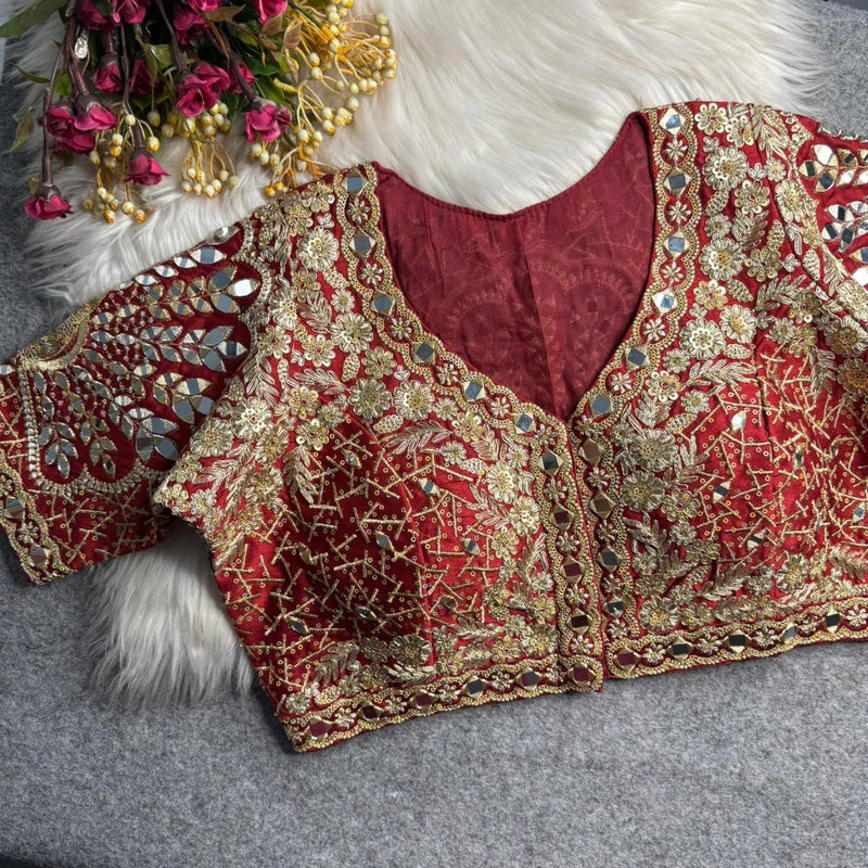 Maroon Designer Roman Silk Bridal Blouse with Mayur Mirror Work & Sequence Thread Work, Embroidery & Sequins