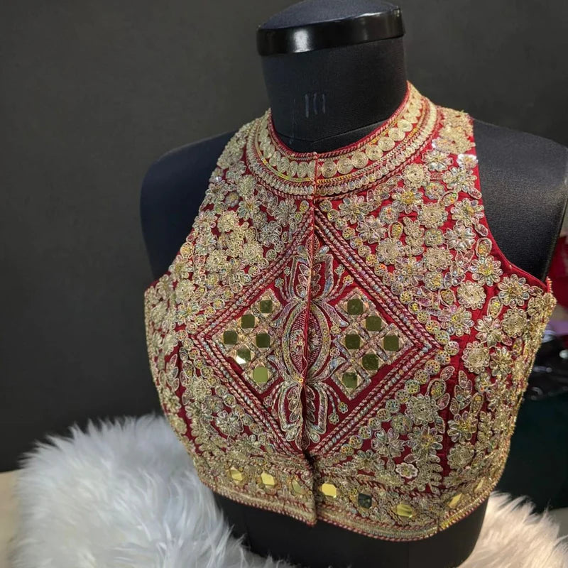 Maroon Designer Roman Silk Halter Neck Blouse with Real Mirror Work