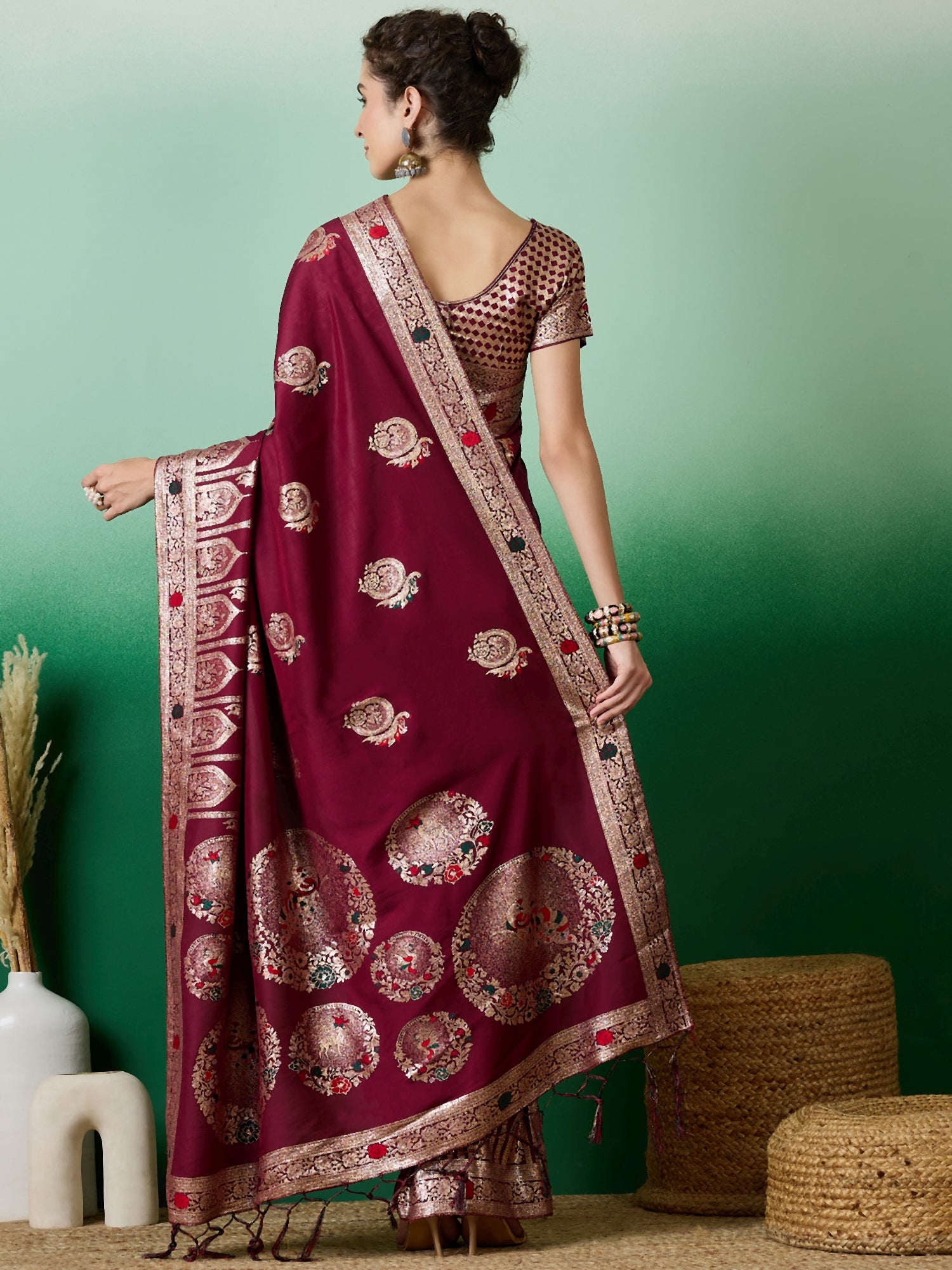 Maroon Dolla Cotton Woven Meenakari Designer Ethnic Festive Saree