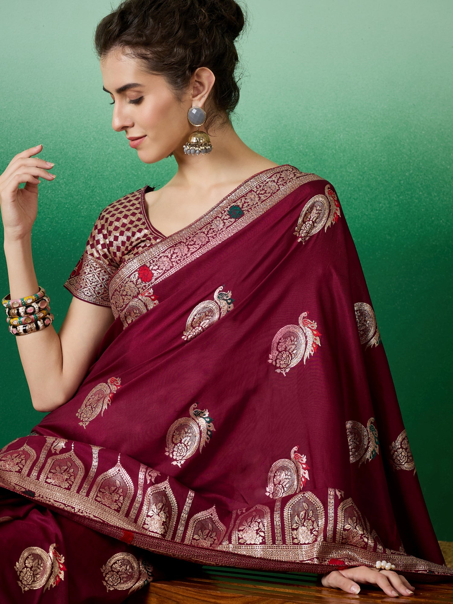 Maroon Dolla Cotton Woven Meenakari Designer Ethnic Festive Saree