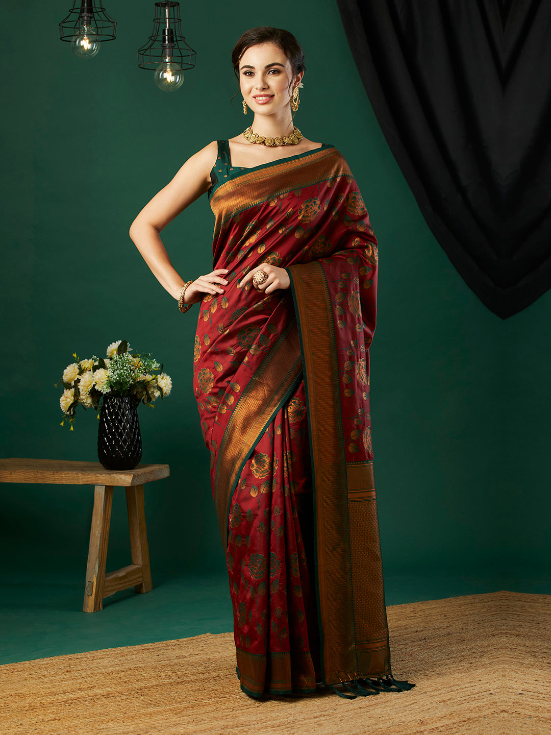 Maroon Ethnic Banarasi Silk Saree With Floral Woven Designer Looks