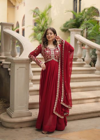 Maroon Faux Blooming Suit With Sequins-Multi & Zari Embroidered Work