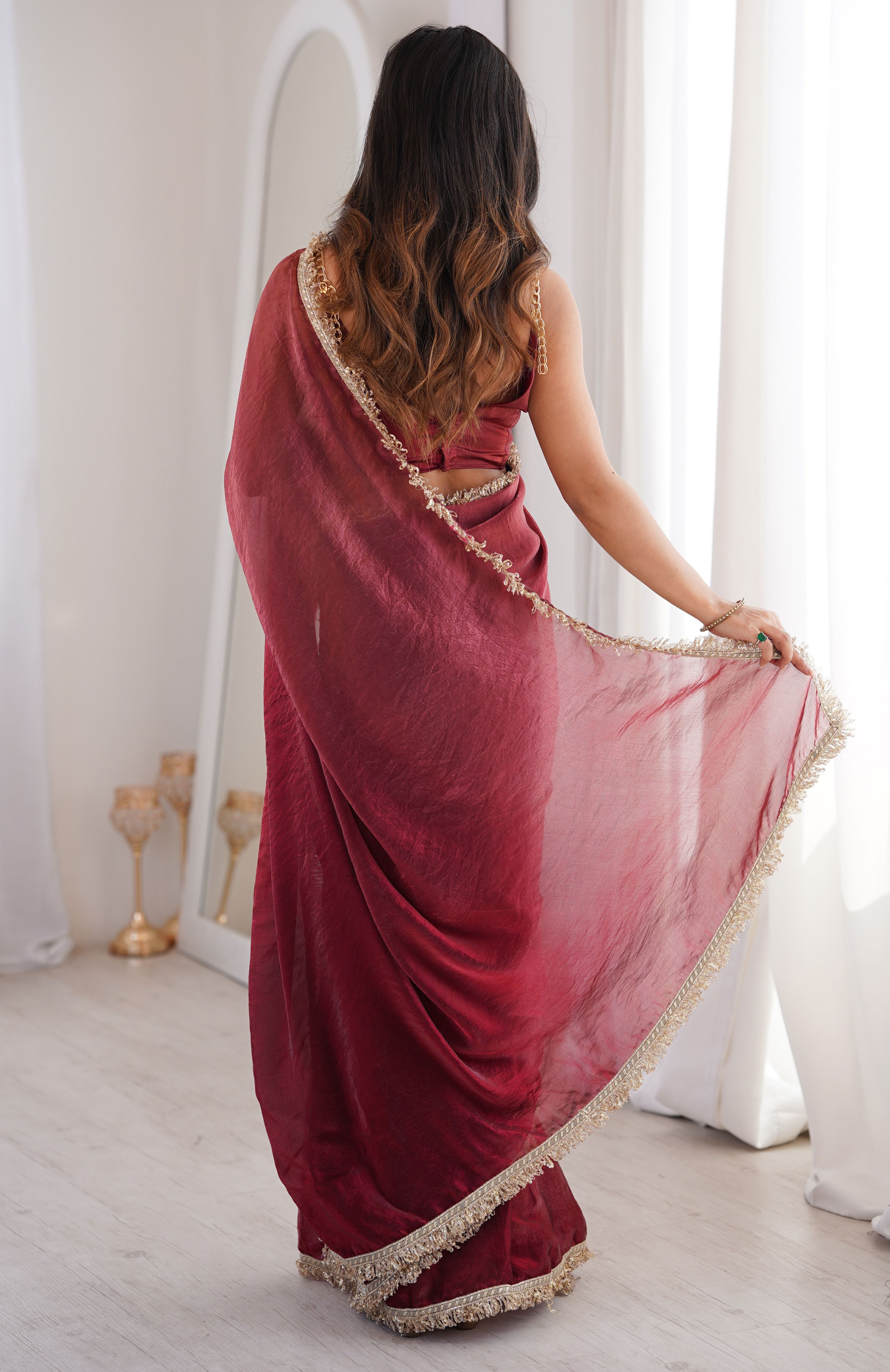 Maroon Fendi Satin Saree with Sequins & Zari Lace Elegance