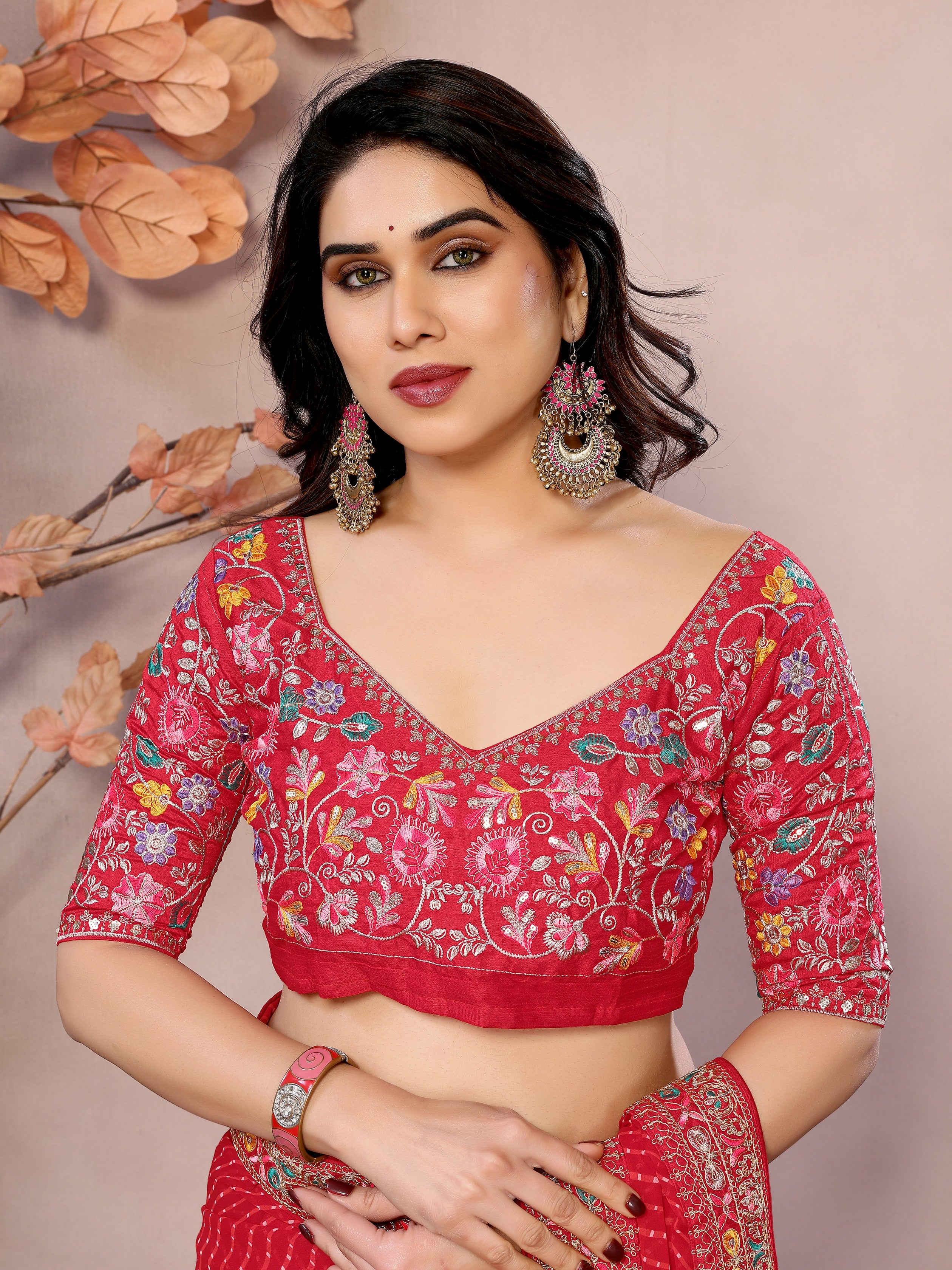 Maroon Georgette Designer Embroidered Traditional Leheria Saree