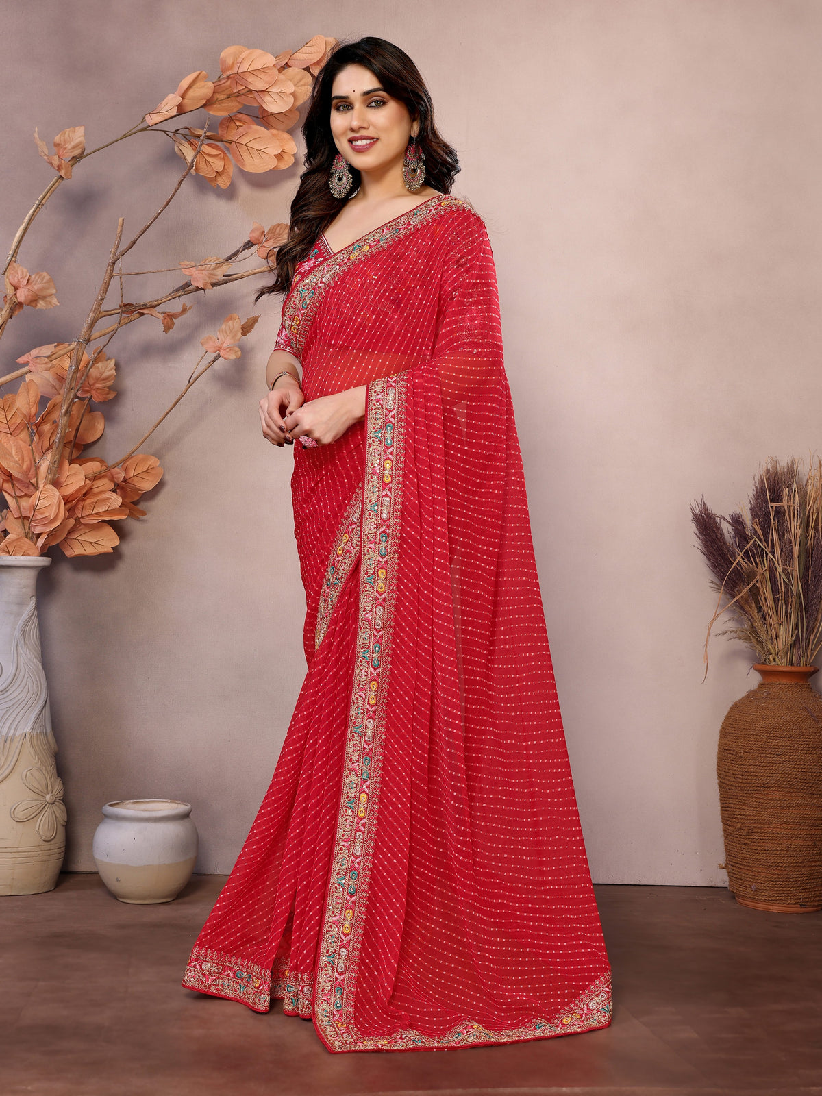 Maroon Georgette Designer Embroidered Traditional Leheria Saree