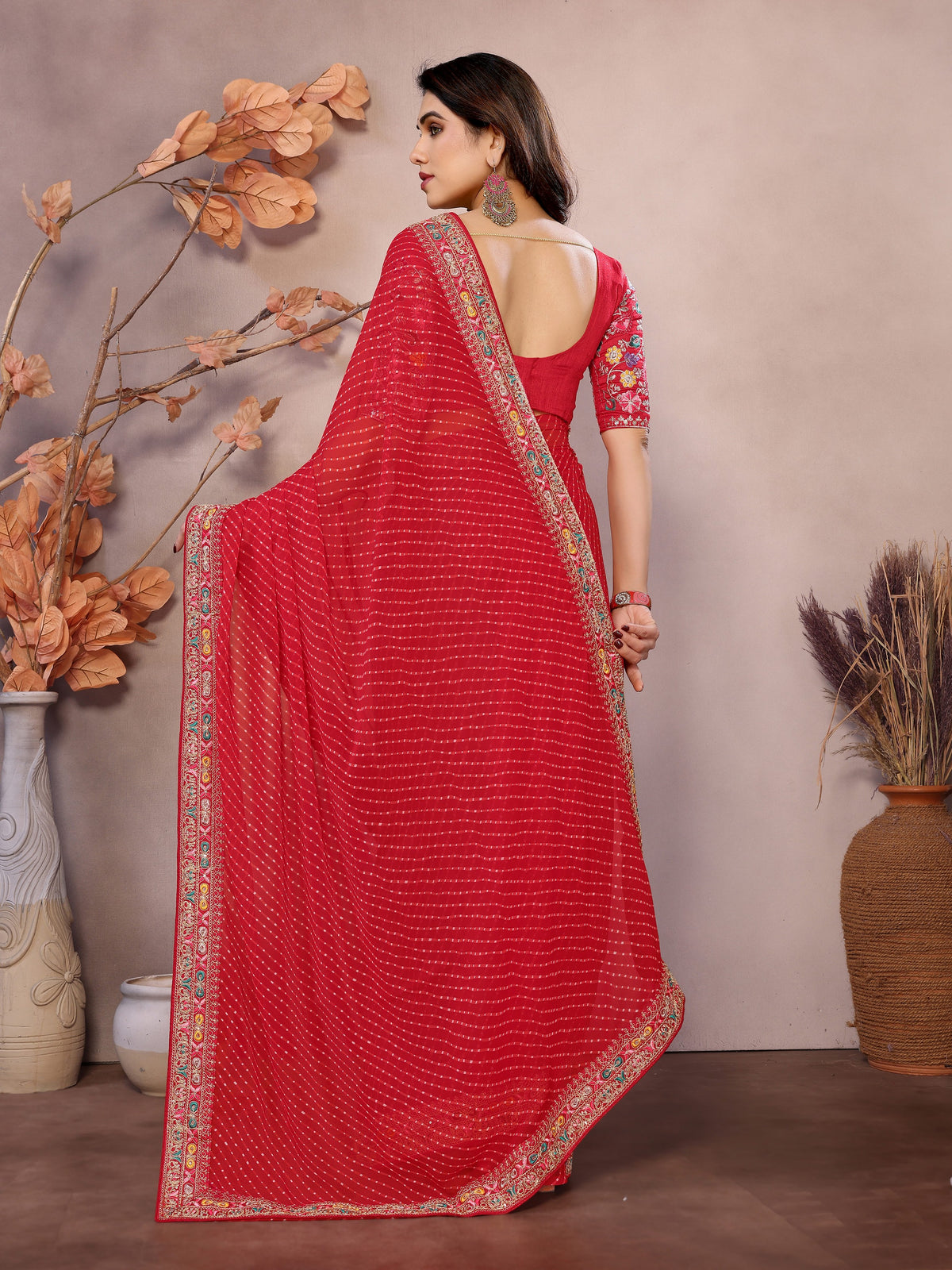 Maroon Georgette Designer Embroidered Traditional Leheria Saree