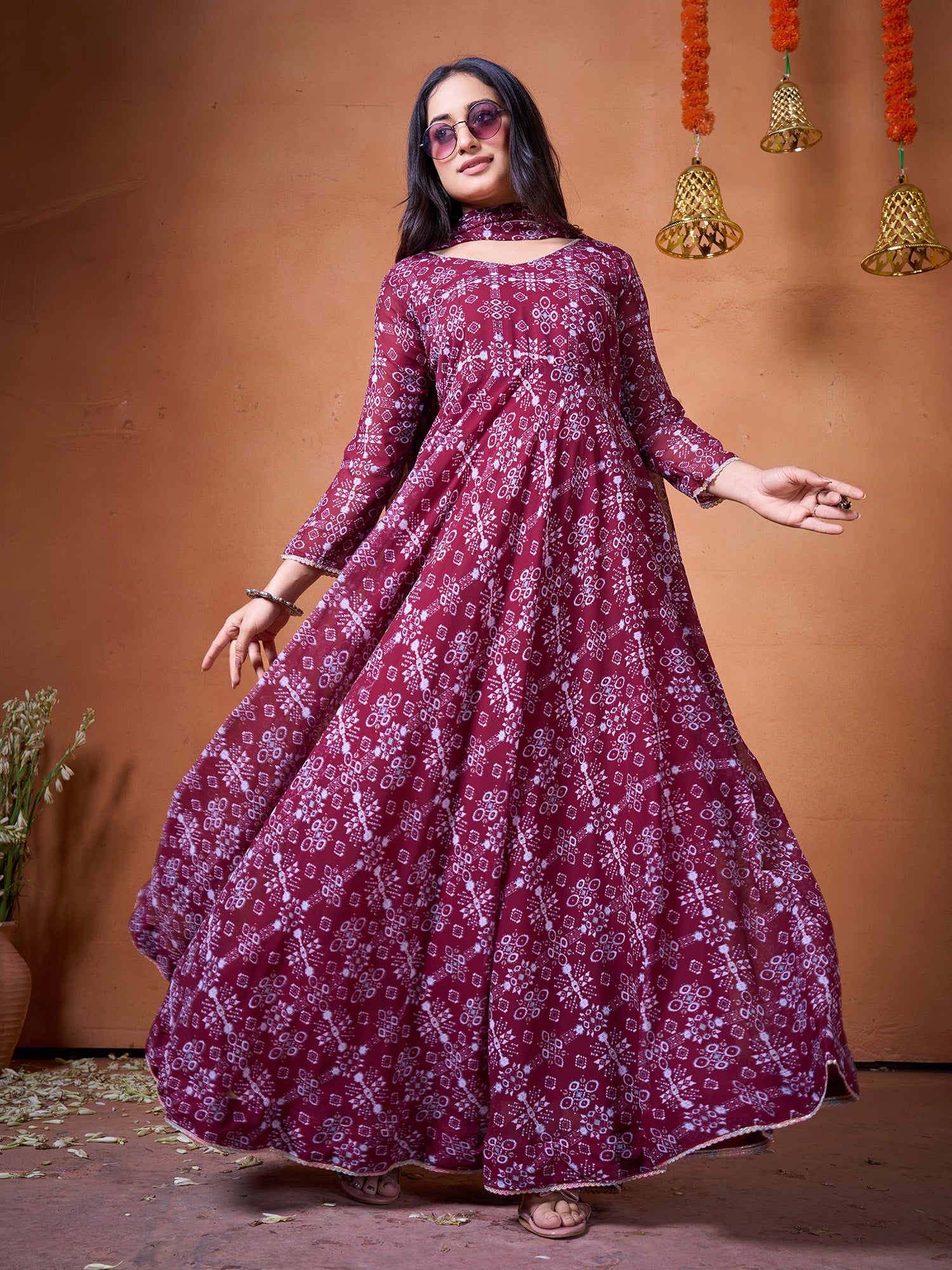 Maroon Georgette Designer Suit Set With Digital Print Elegance