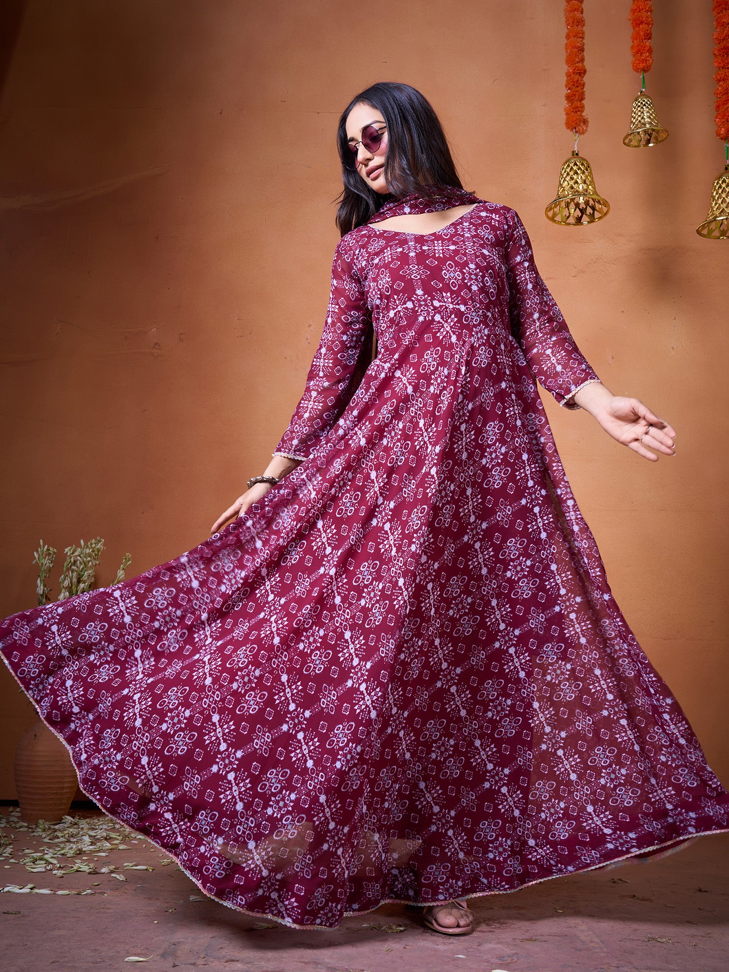 Maroon Georgette Designer Suit Set With Digital Print Elegance