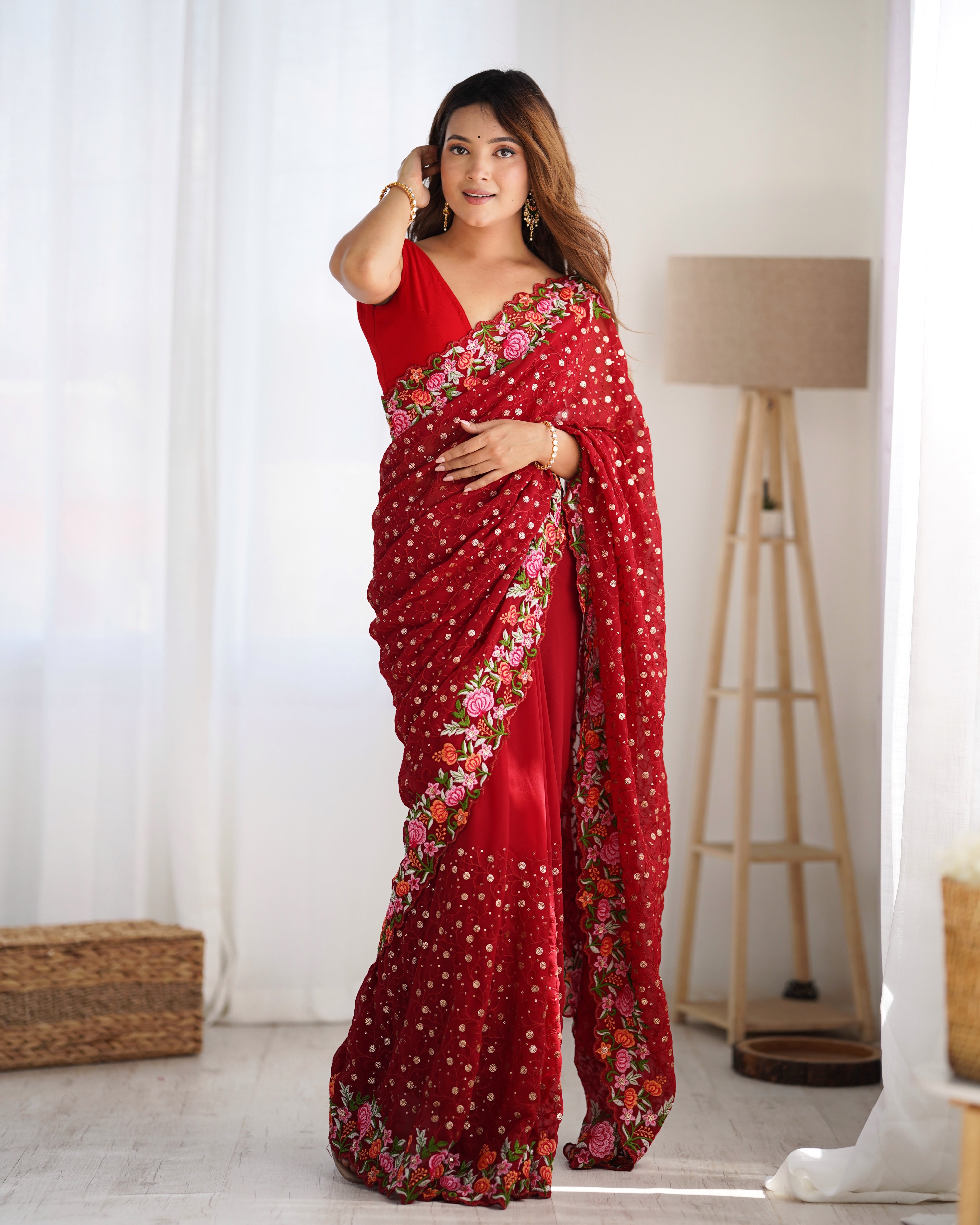 Maroon Georgette Fabric Designer Sequins Work Embroidery Saree