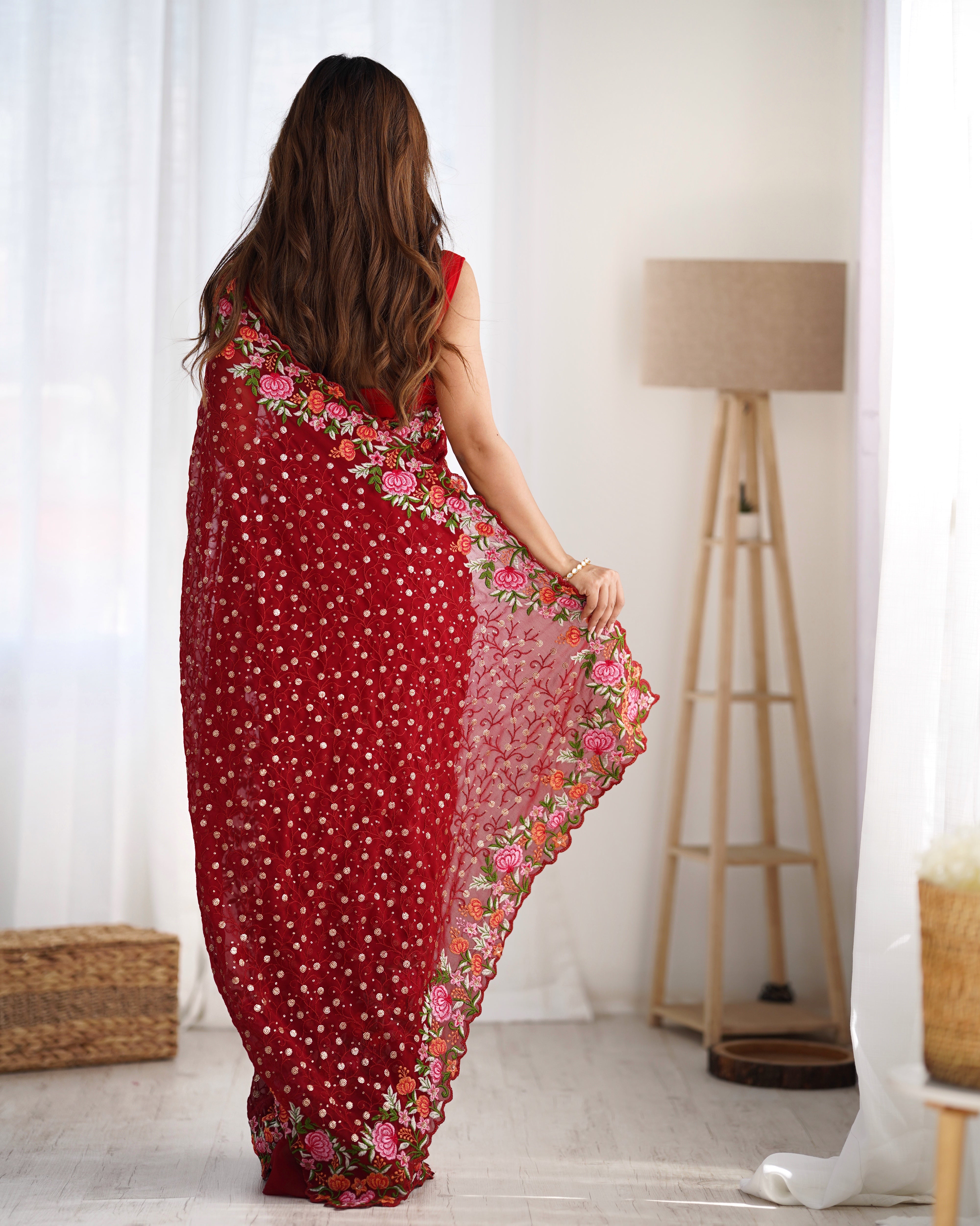 Maroon Georgette Fabric Designer Sequins Work Embroidery Saree