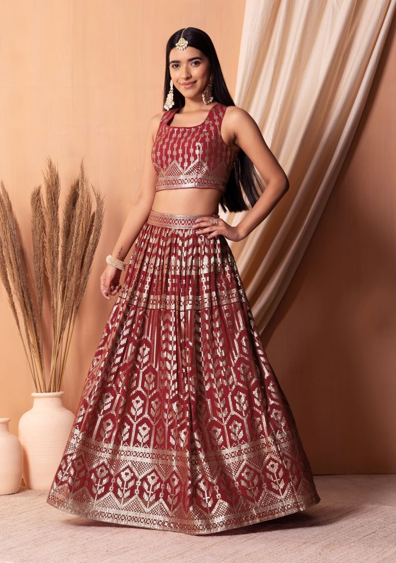 Maroon Georgette Lehenga Choli With Sequins & Thread Embroidery Work