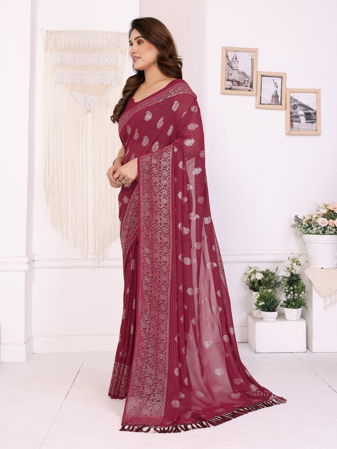 Maroon Georgette Saree With Foil Work And Designer Lace Border