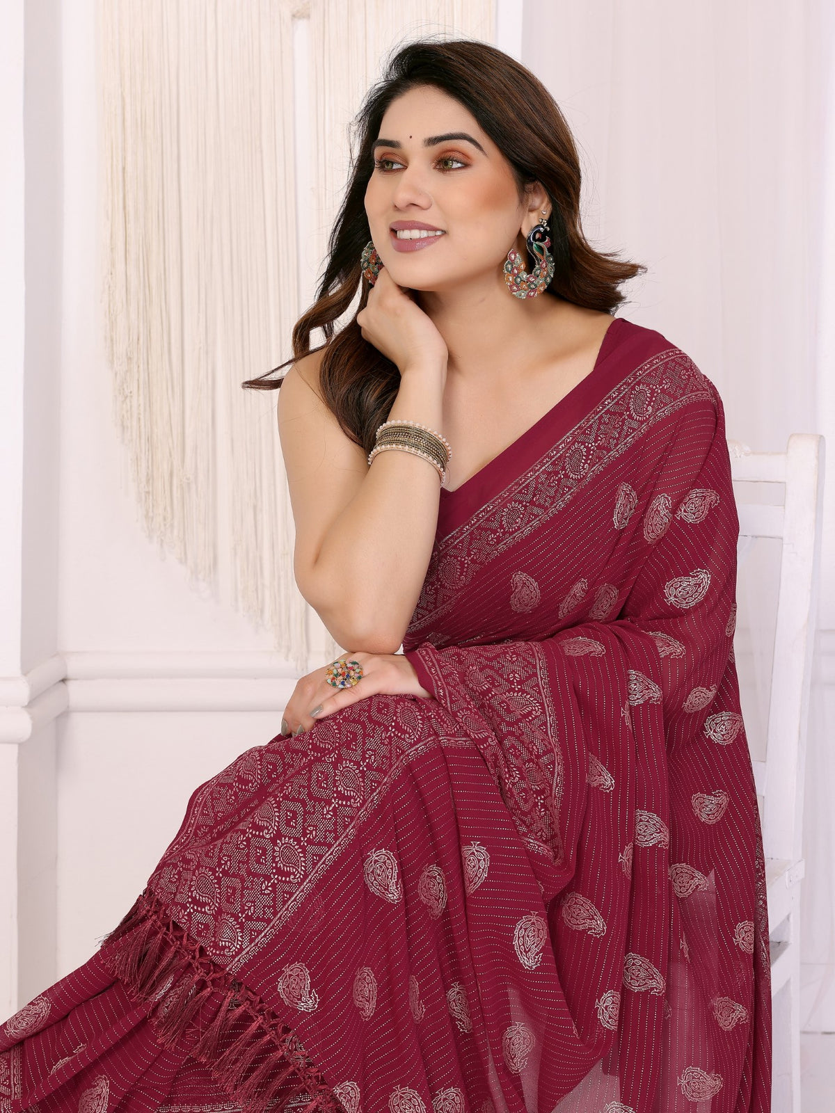 Maroon Georgette Saree With Foil Work And Designer Lace Border