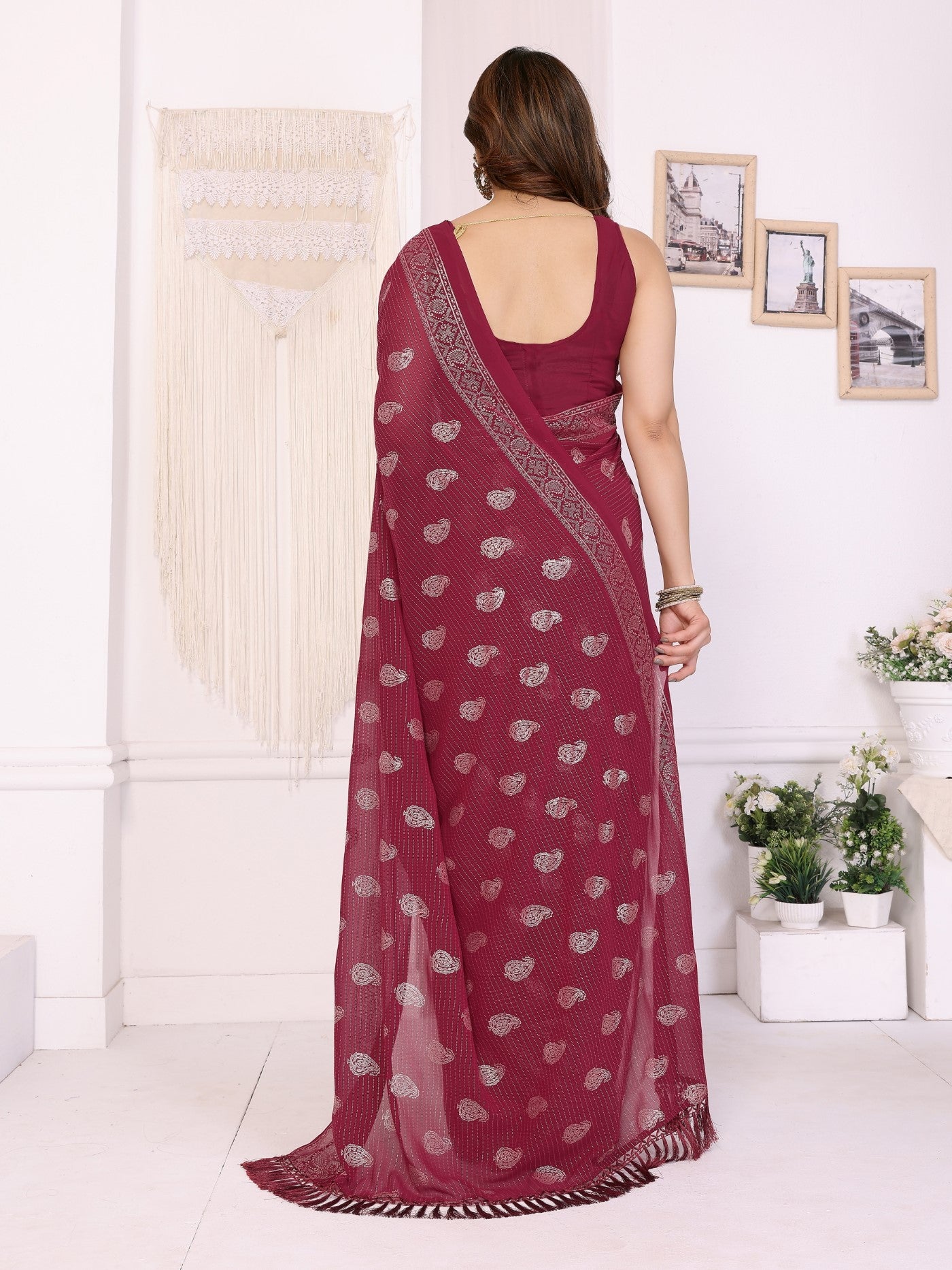 Maroon Georgette Saree With Foil Work And Designer Lace Border