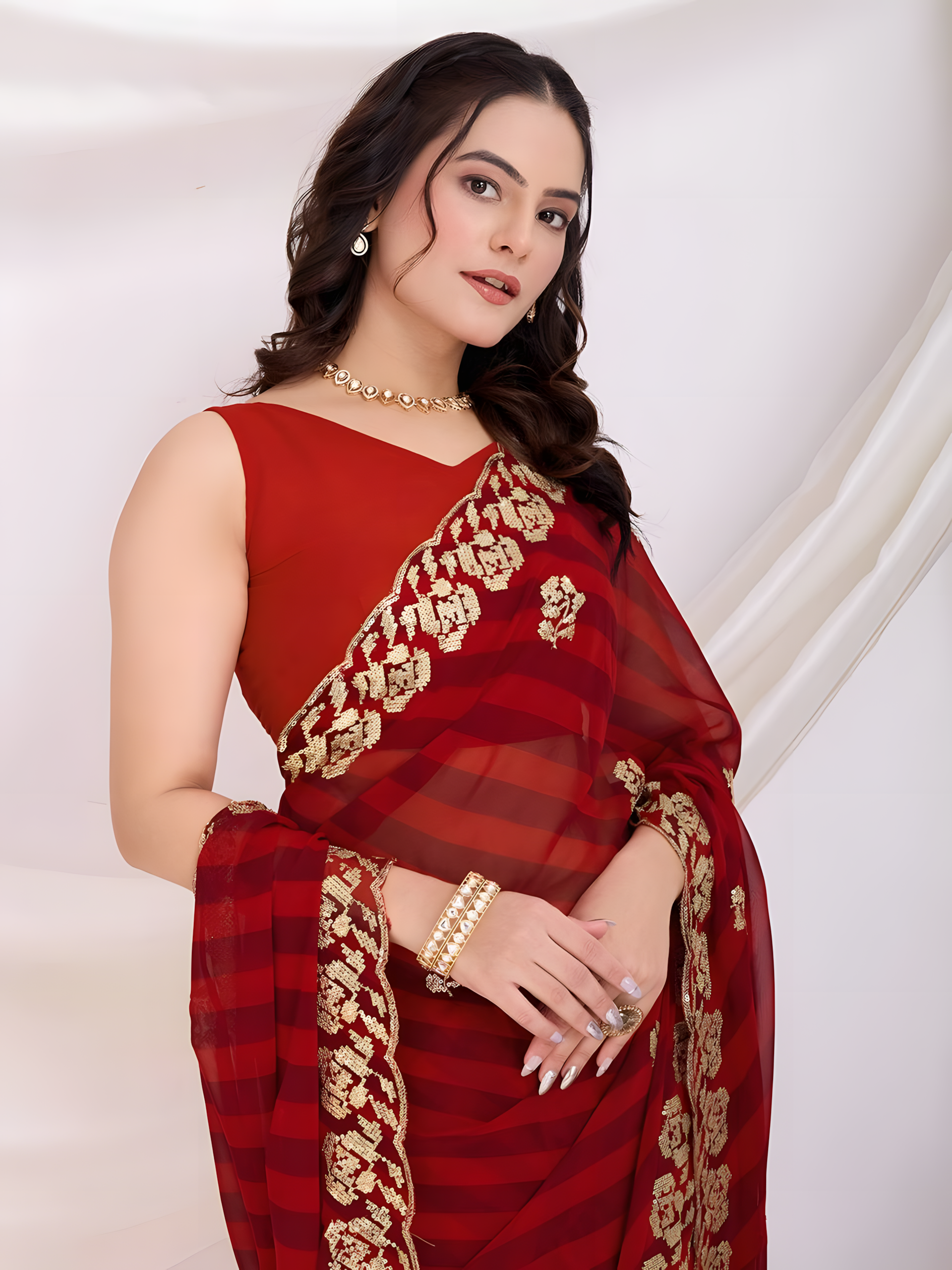 Maroon Georgette Saree with Digital print with sequins Work