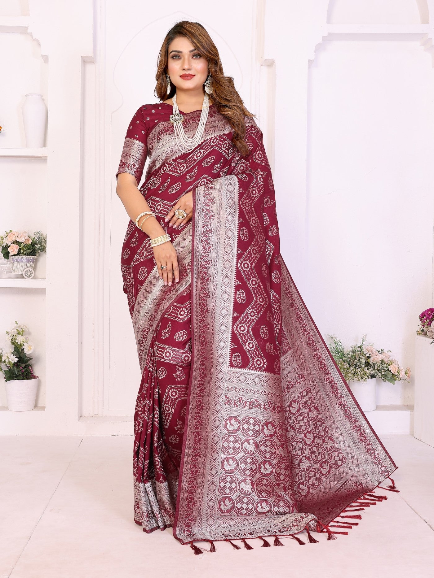 Maroon Georgette Silk Saree With Leheriya And Elegant Zari Weaving