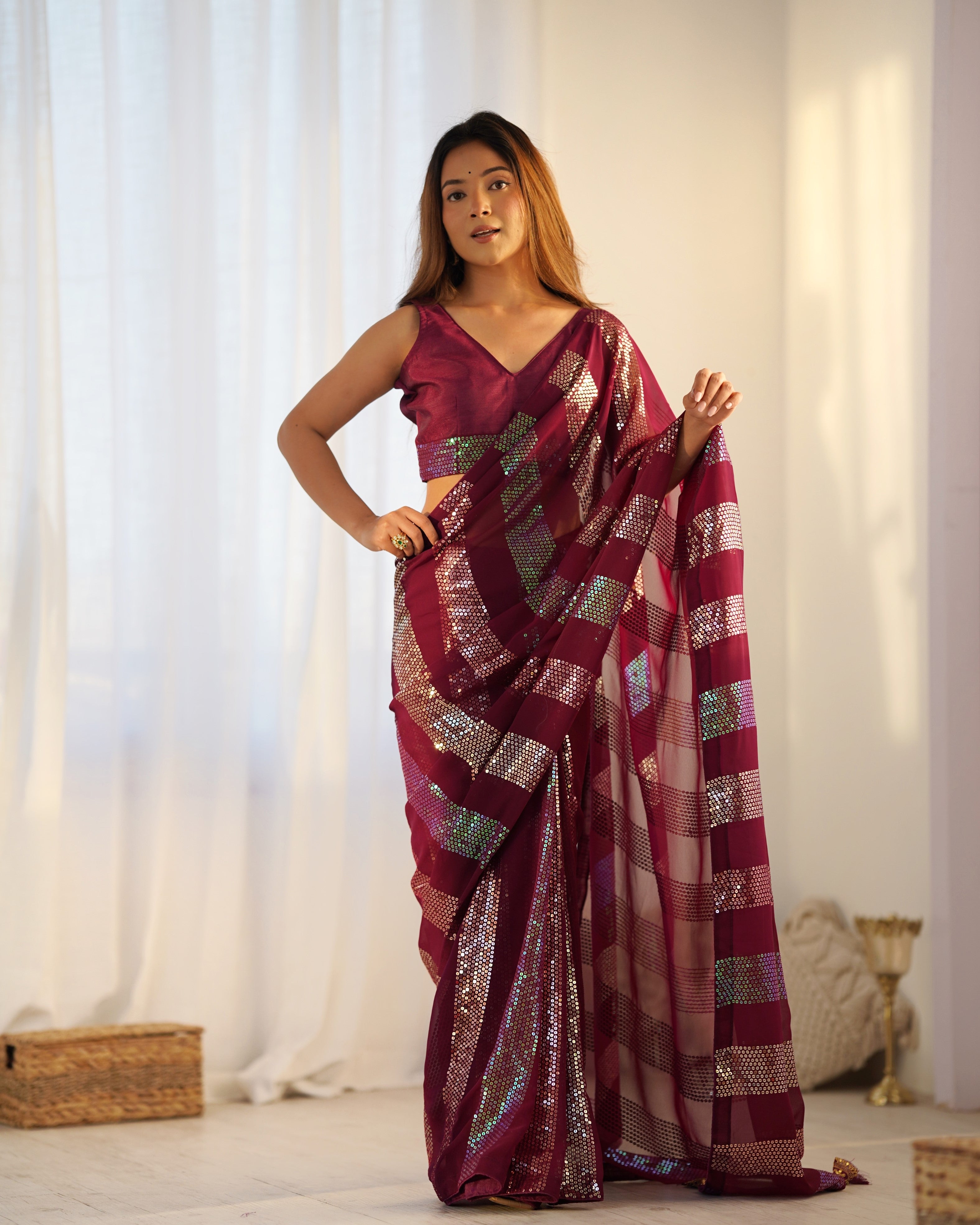 Maroon Glamorous Georgette Fabric Sequins Work Bollywood Looks Saree