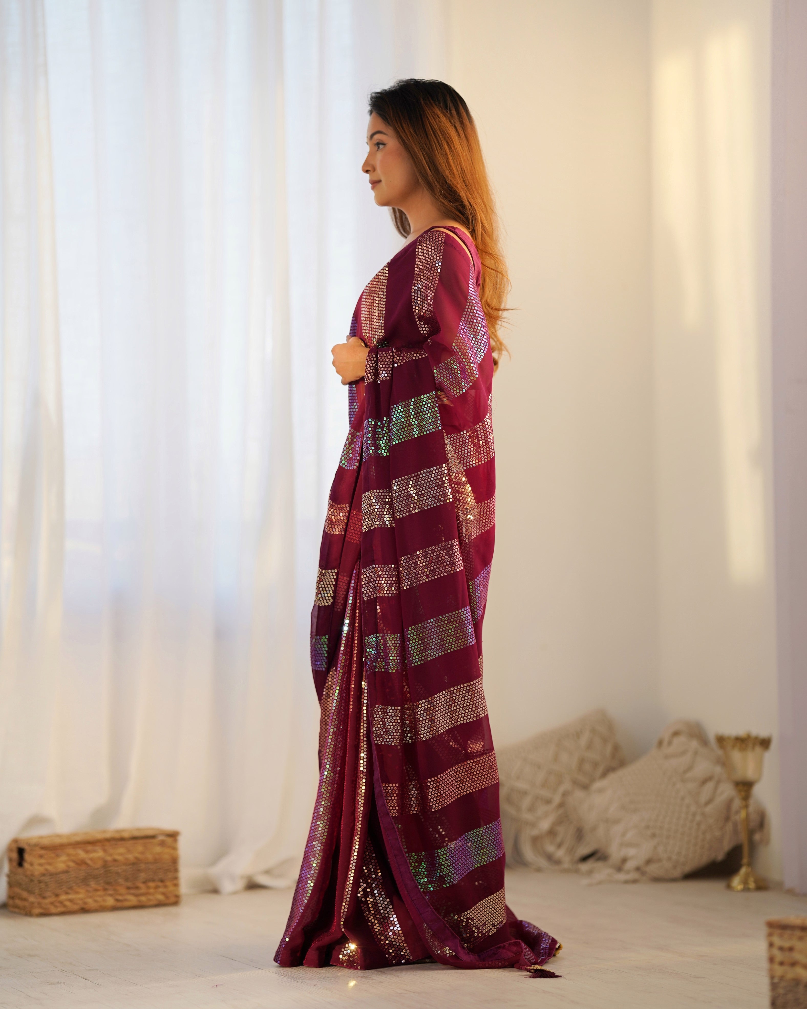 Maroon Glamorous Georgette Fabric Sequins Work Bollywood Looks Saree