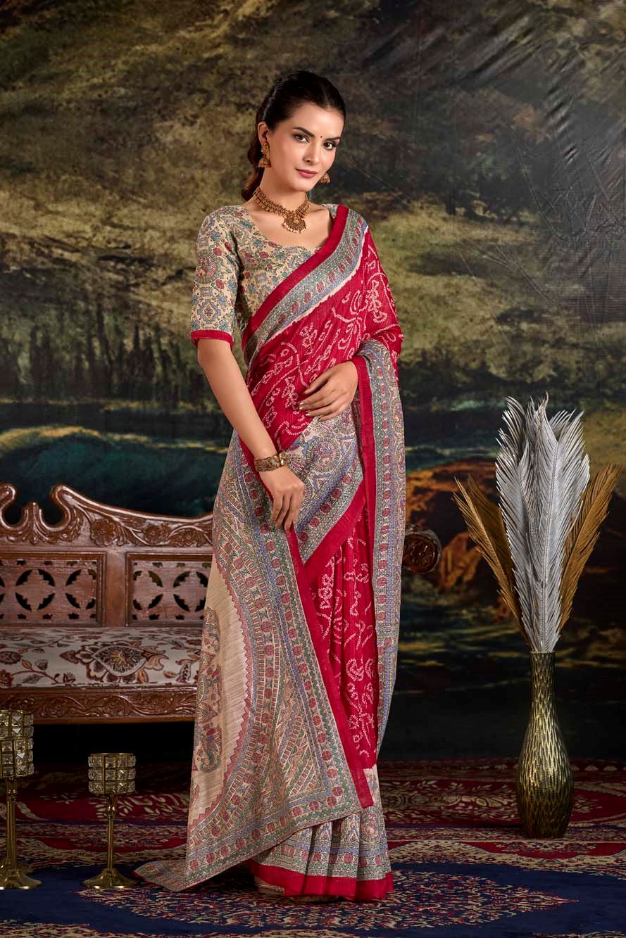Maroon Green Silk Saree with Madhubani & Bandhej Magic