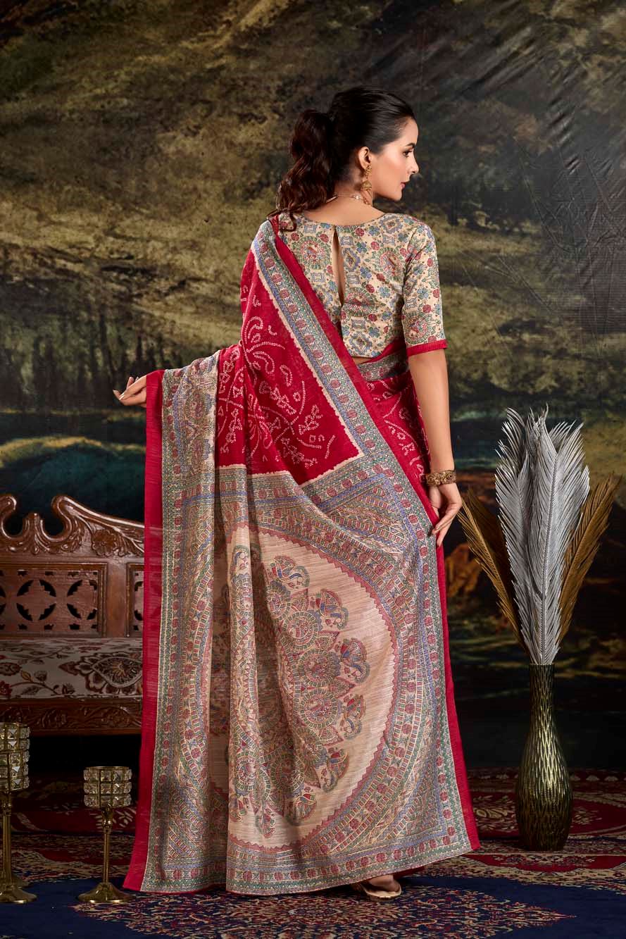 Maroon Green Silk Saree with Madhubani & Bandhej Magic