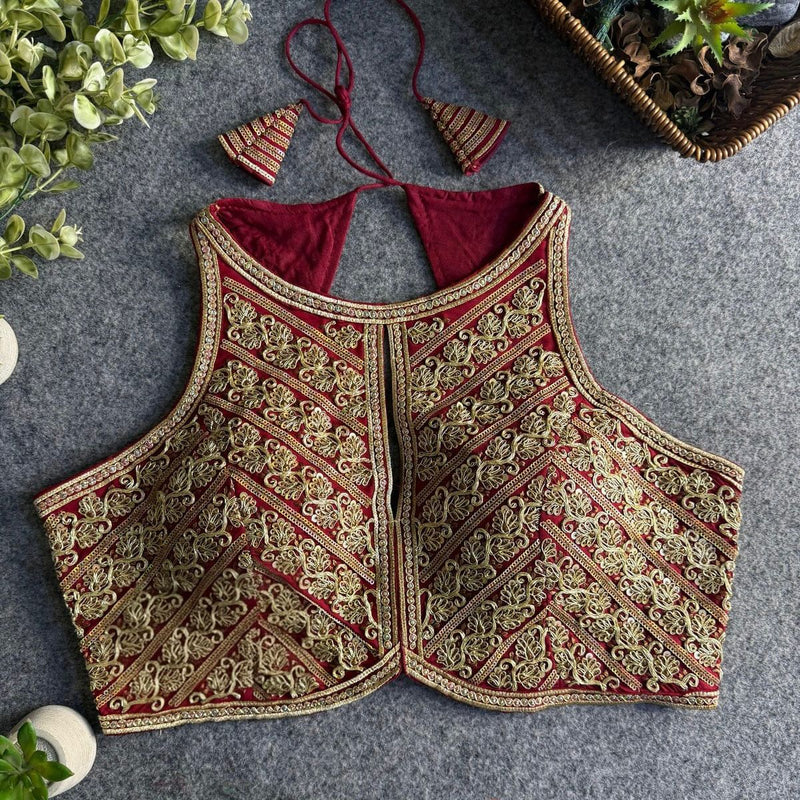 Maroon Halter Neck Partywear Blouse in Roman Silk with Embroidery & Sequins Work