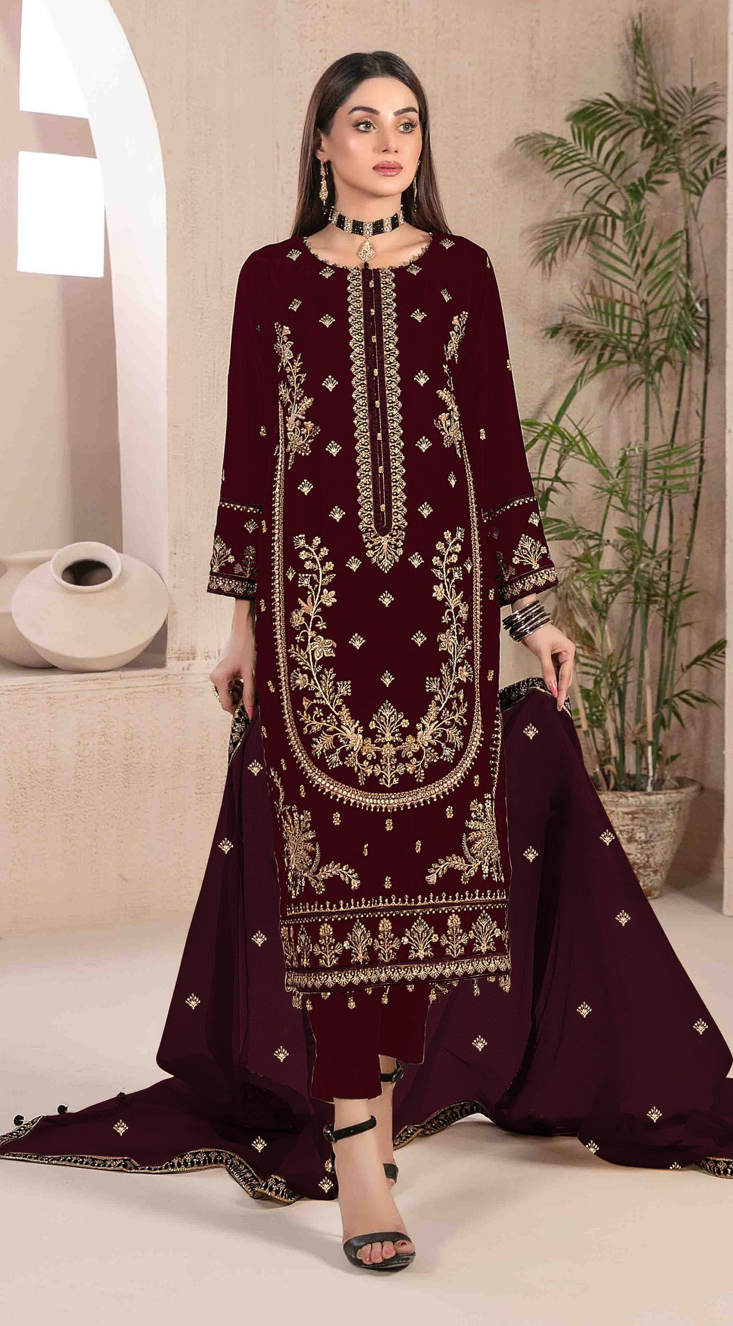 Maroon Heavy Designer Suit With Heavy Embroidery Work