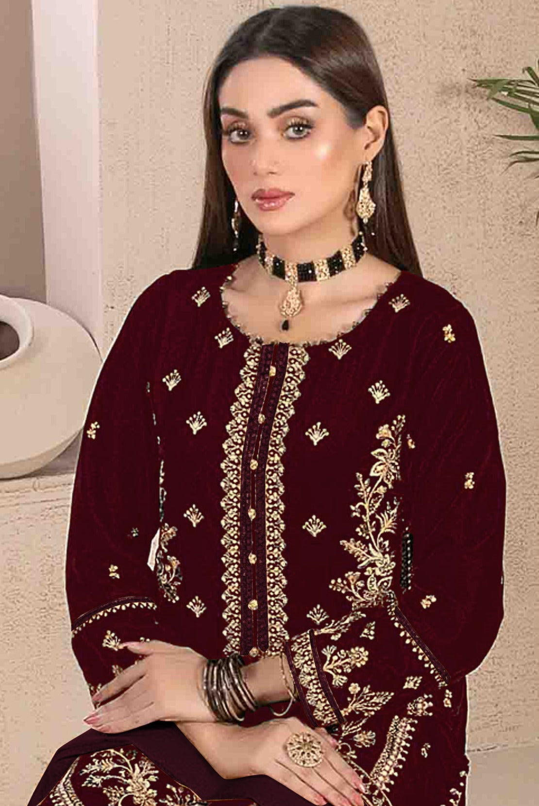 Maroon Heavy Designer Suit With Heavy Embroidery Work