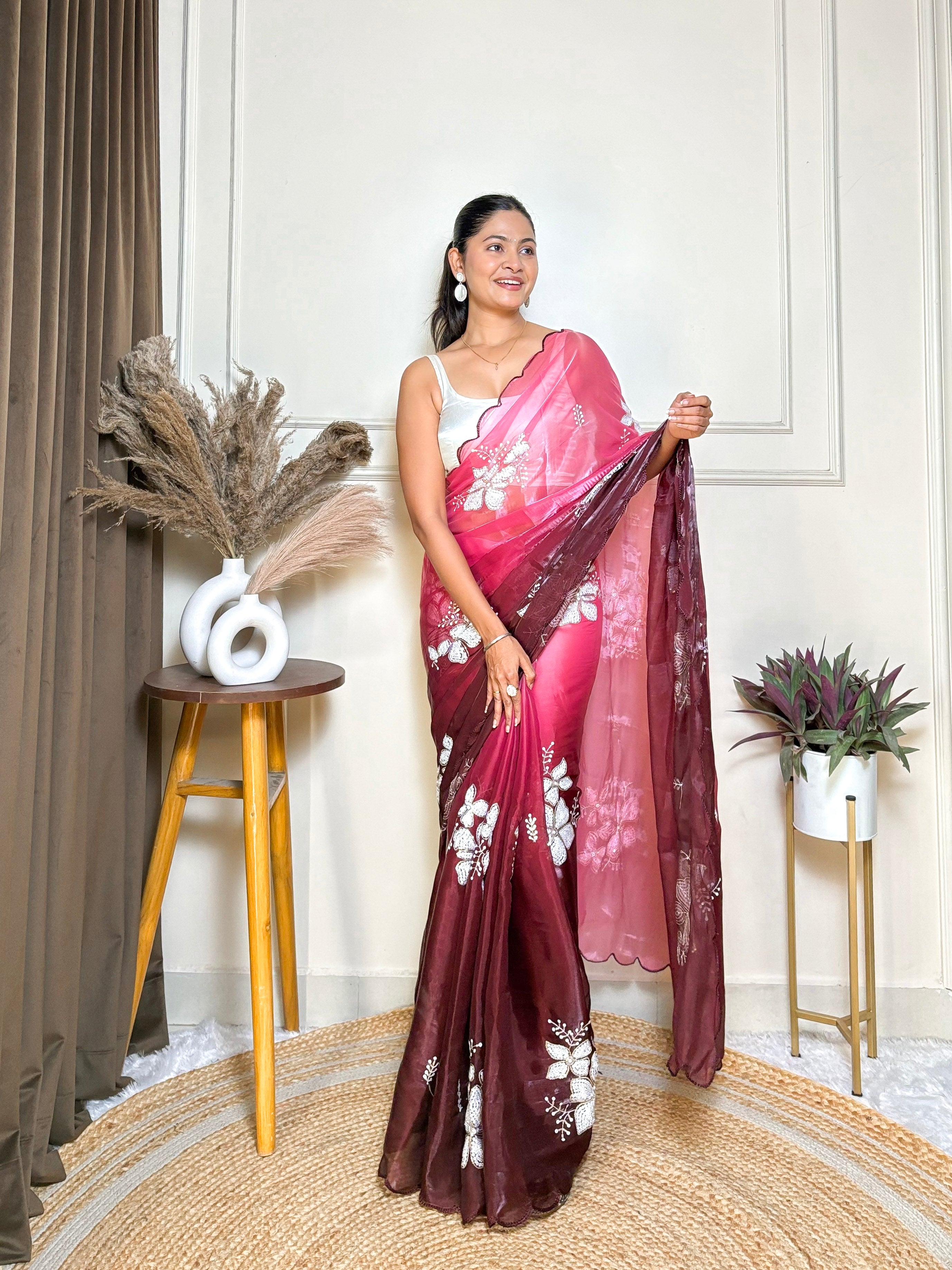 Maroon Jimmy Choo Beautiful Sequins Embroidery Work Bollywood Saree