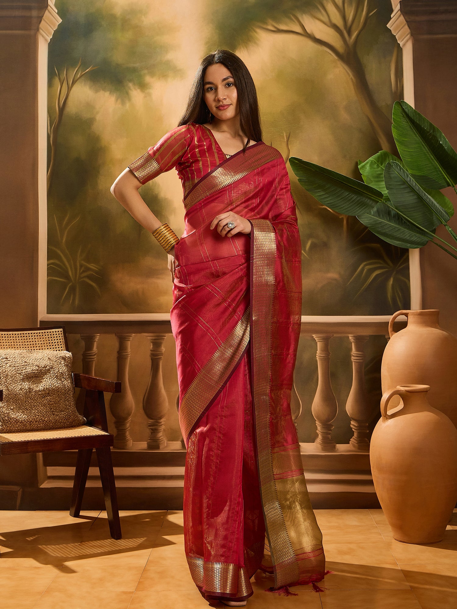 Maroon Khadi Organza Woven Jacquard Designer Ethnic Partywear Saree