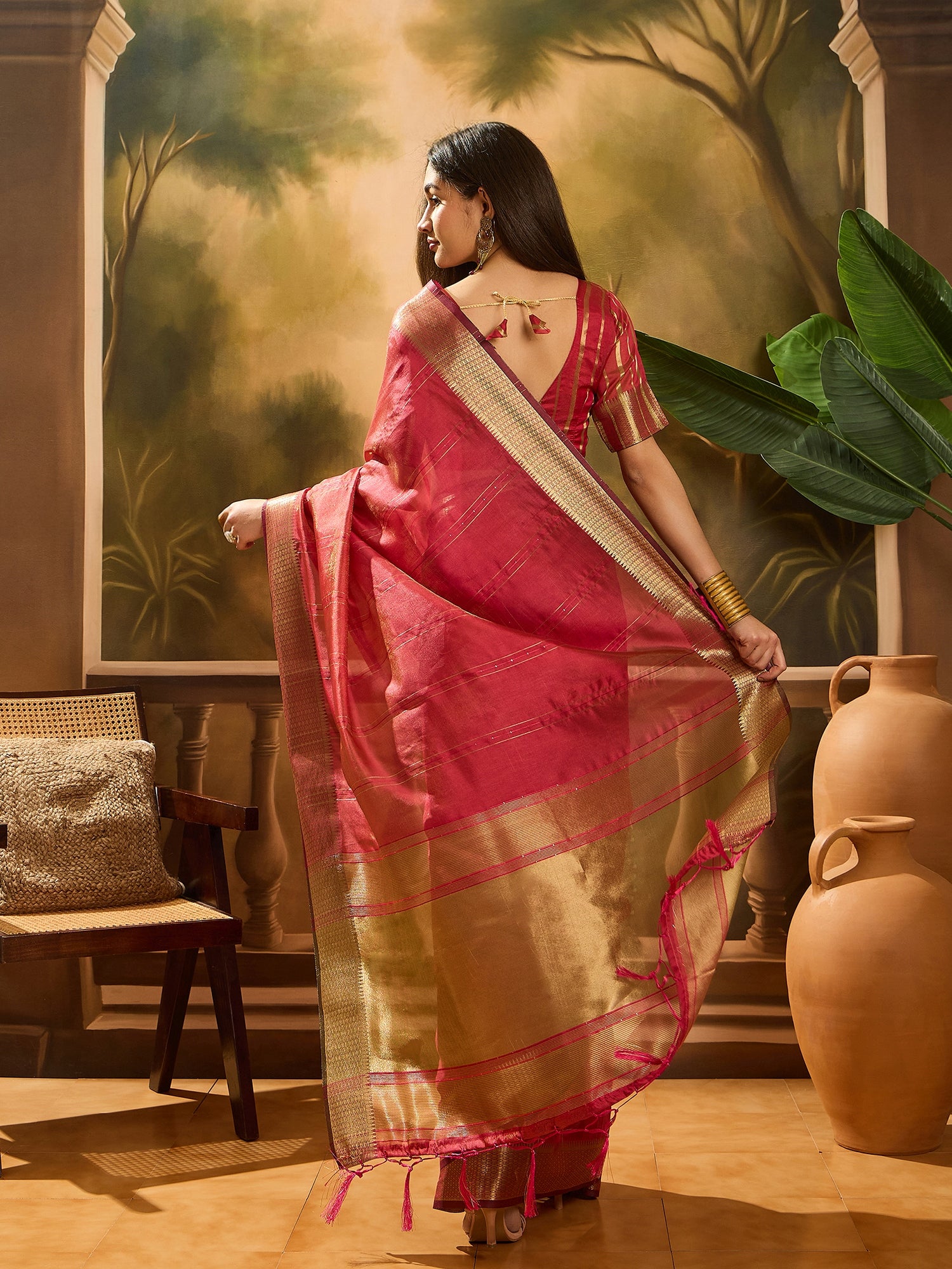 Maroon Khadi Organza Woven Jacquard Designer Ethnic Partywear Saree
