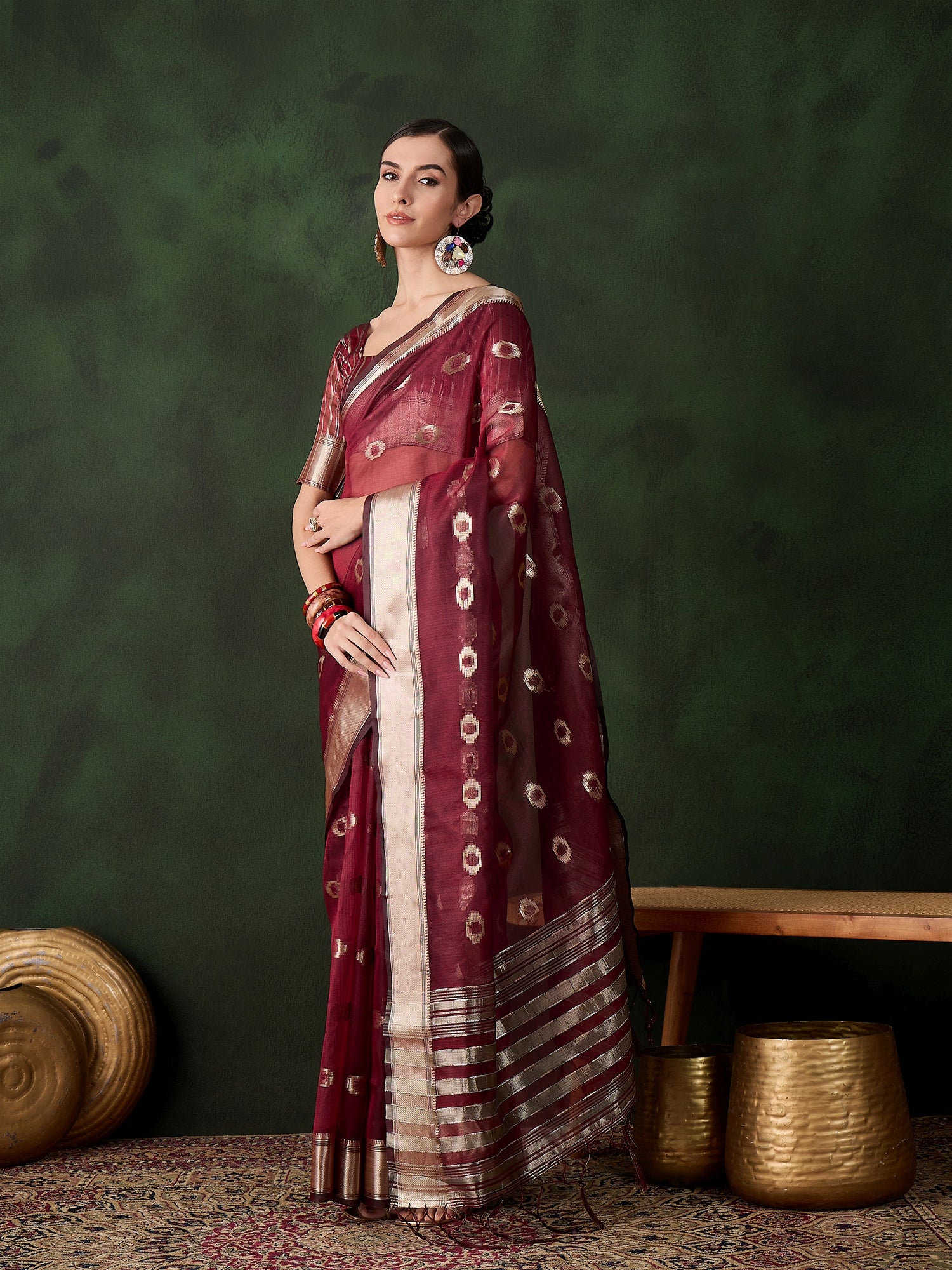 Maroon Khadi Organza Woven Jacquard Designer Graceful Traditional Saree