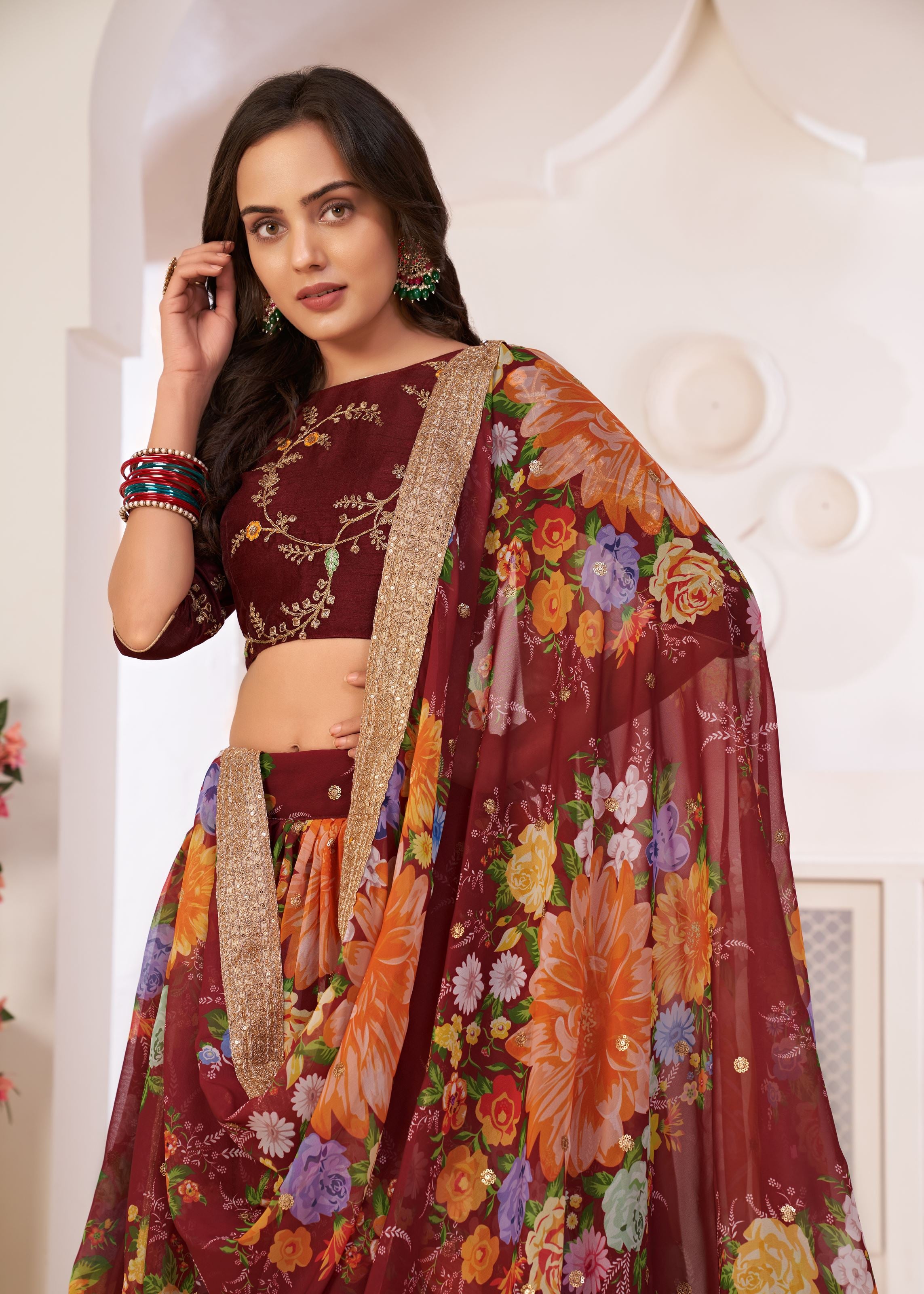 Maroon Lehenga Choli With Digital Floral Print And Embroidered Work With Jari Sequins Dori Work