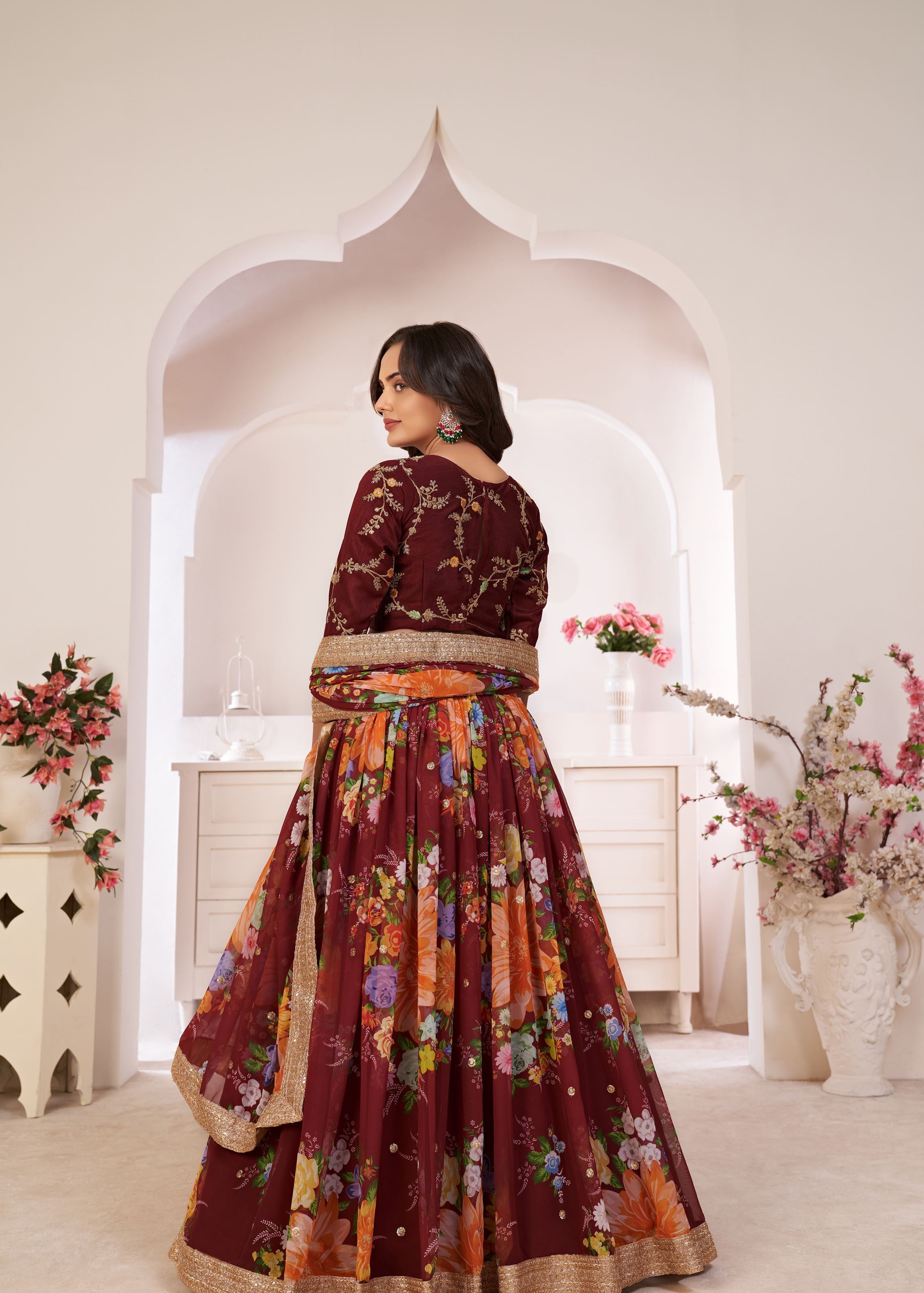 Maroon Lehenga Choli With Digital Floral Print And Embroidered Work With Jari Sequins Dori Work