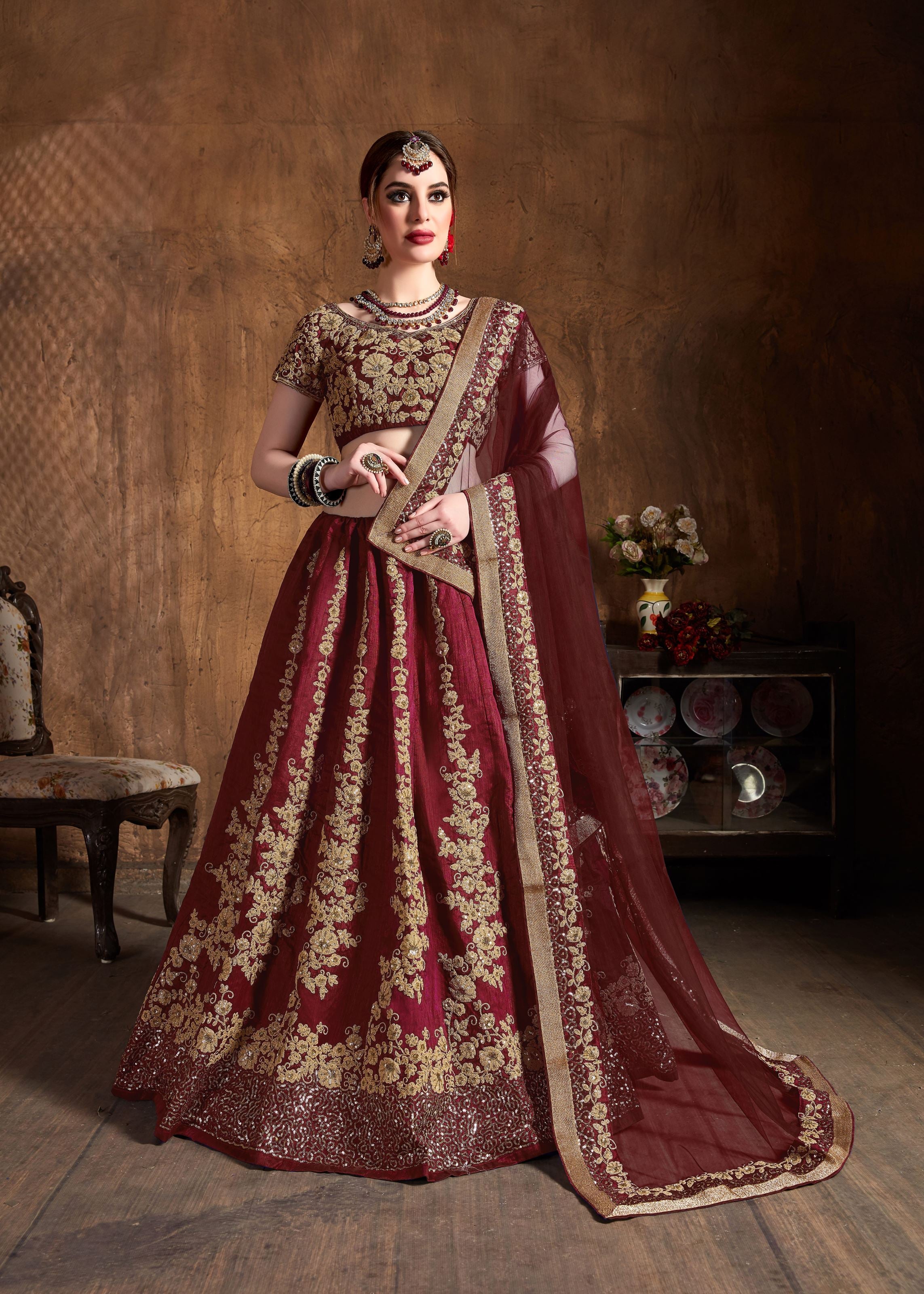 Maroon Lehenga Choli With Dori And Sequins Embroidery