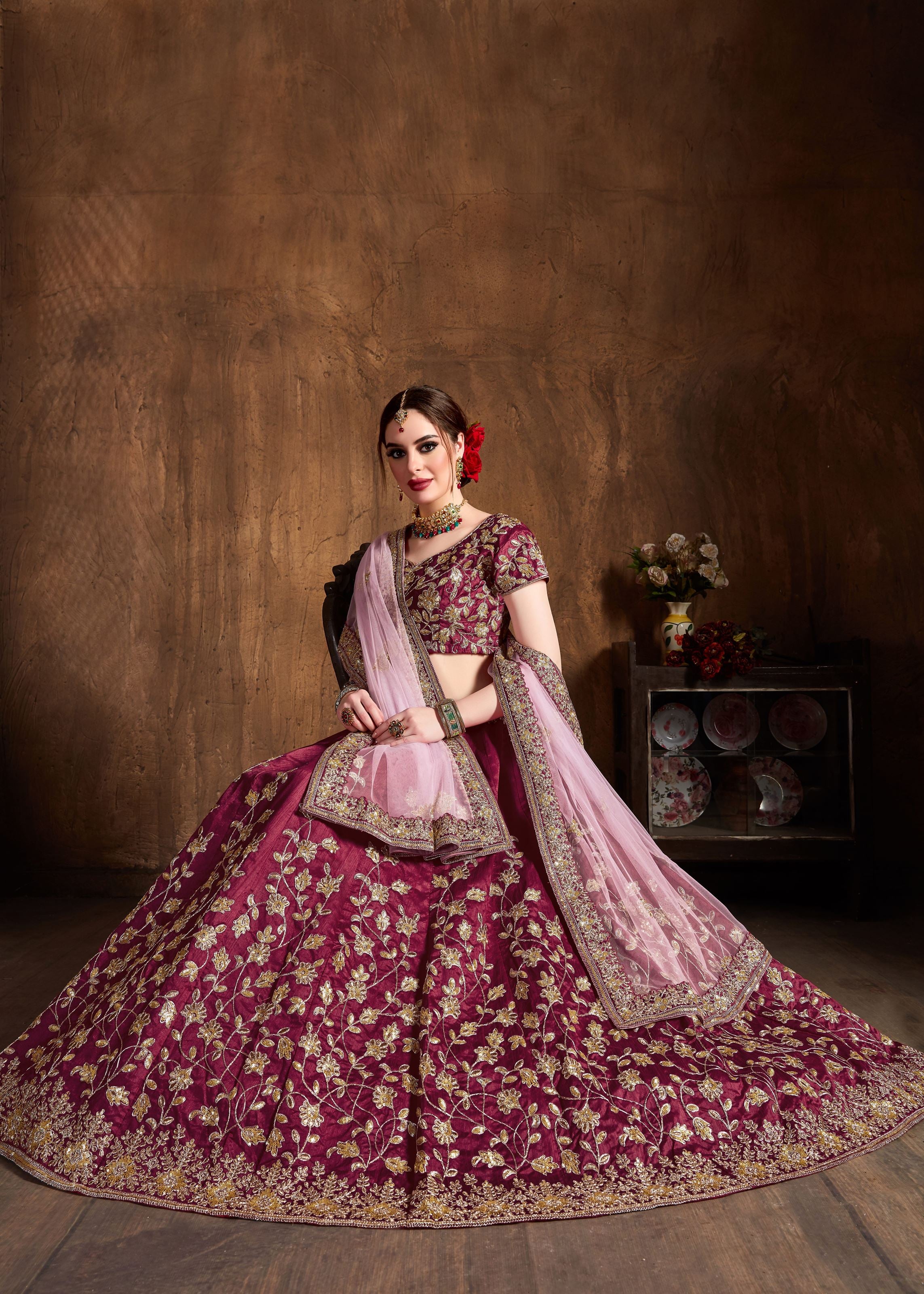 Maroon Lehenga Choli With Dori, Badla And Sequins Embroidery